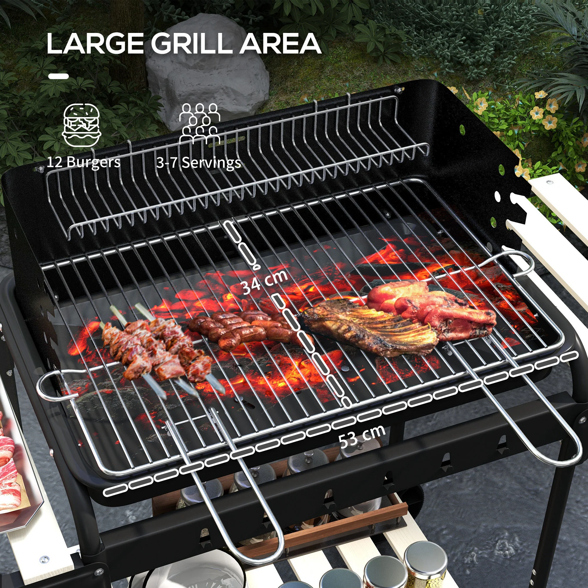 Outsunny Charcoal Barbecue BBQ Grill Trolley W/ 5-level Grill Height Ash Catcher - Image 3