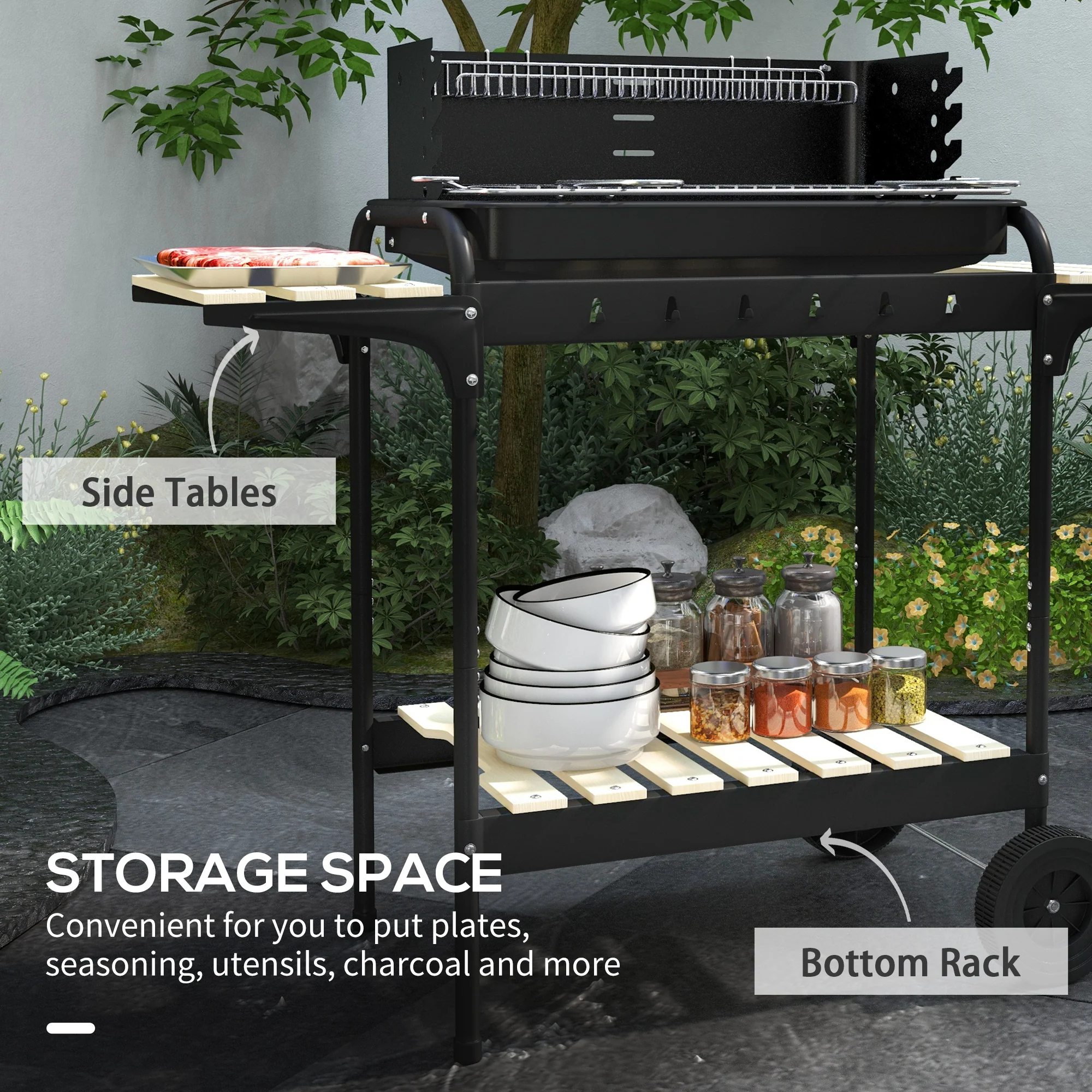 Outsunny Charcoal Barbecue BBQ Grill Trolley W/ 5-level Grill Height Ash Catcher - Image 6