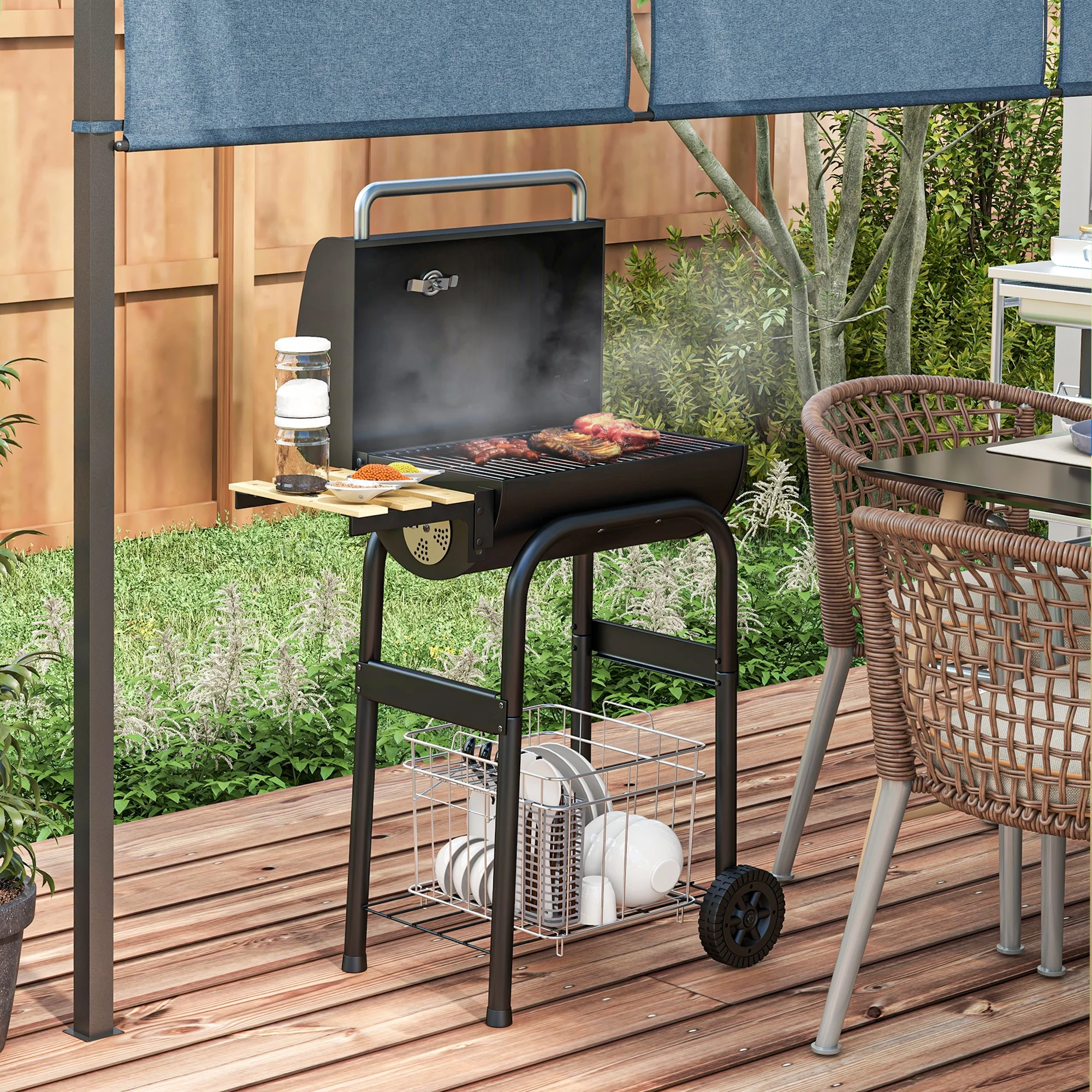 Outsunny Charcoal Barbecue BBQ Grill Trolley W/ Shelves, Lid And Thermometer - Image 2