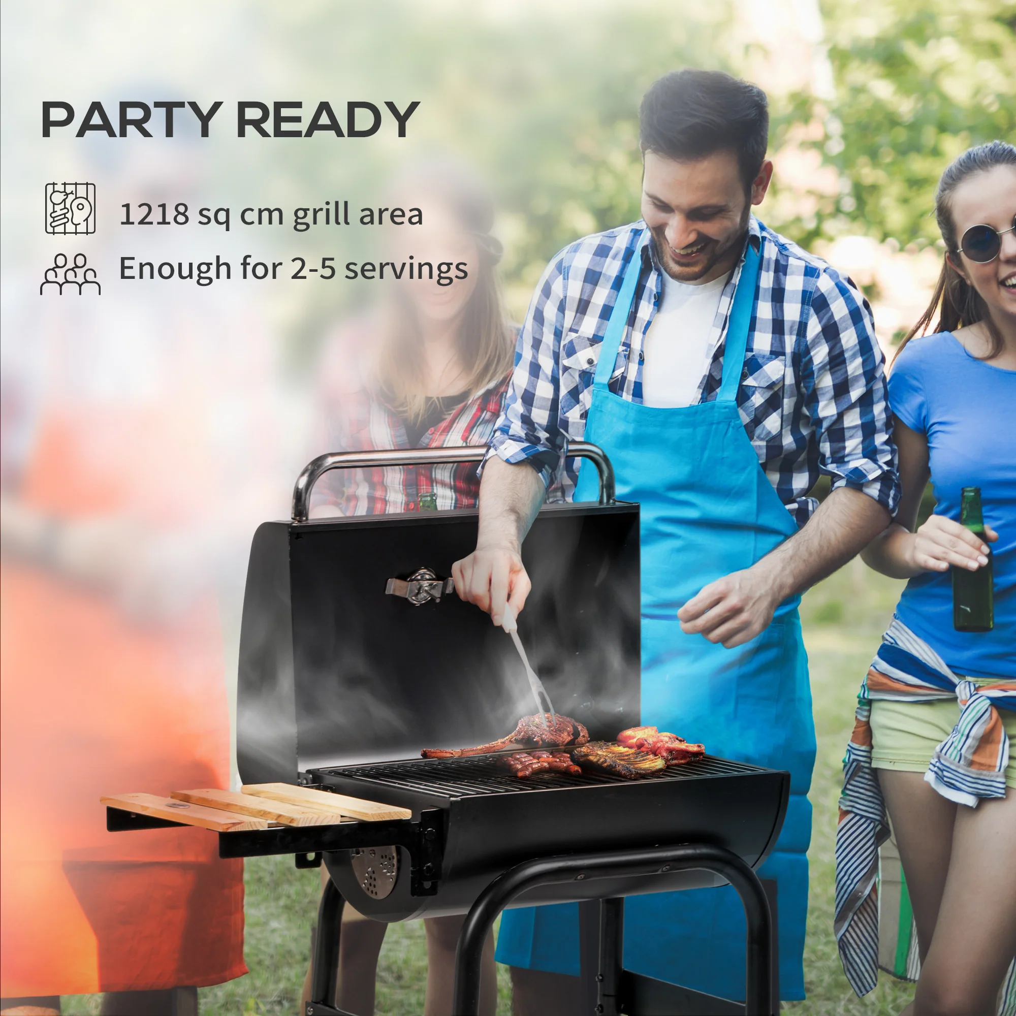 Outsunny Charcoal Barbecue BBQ Grill Trolley W/ Shelves, Lid And Thermometer - Image 3