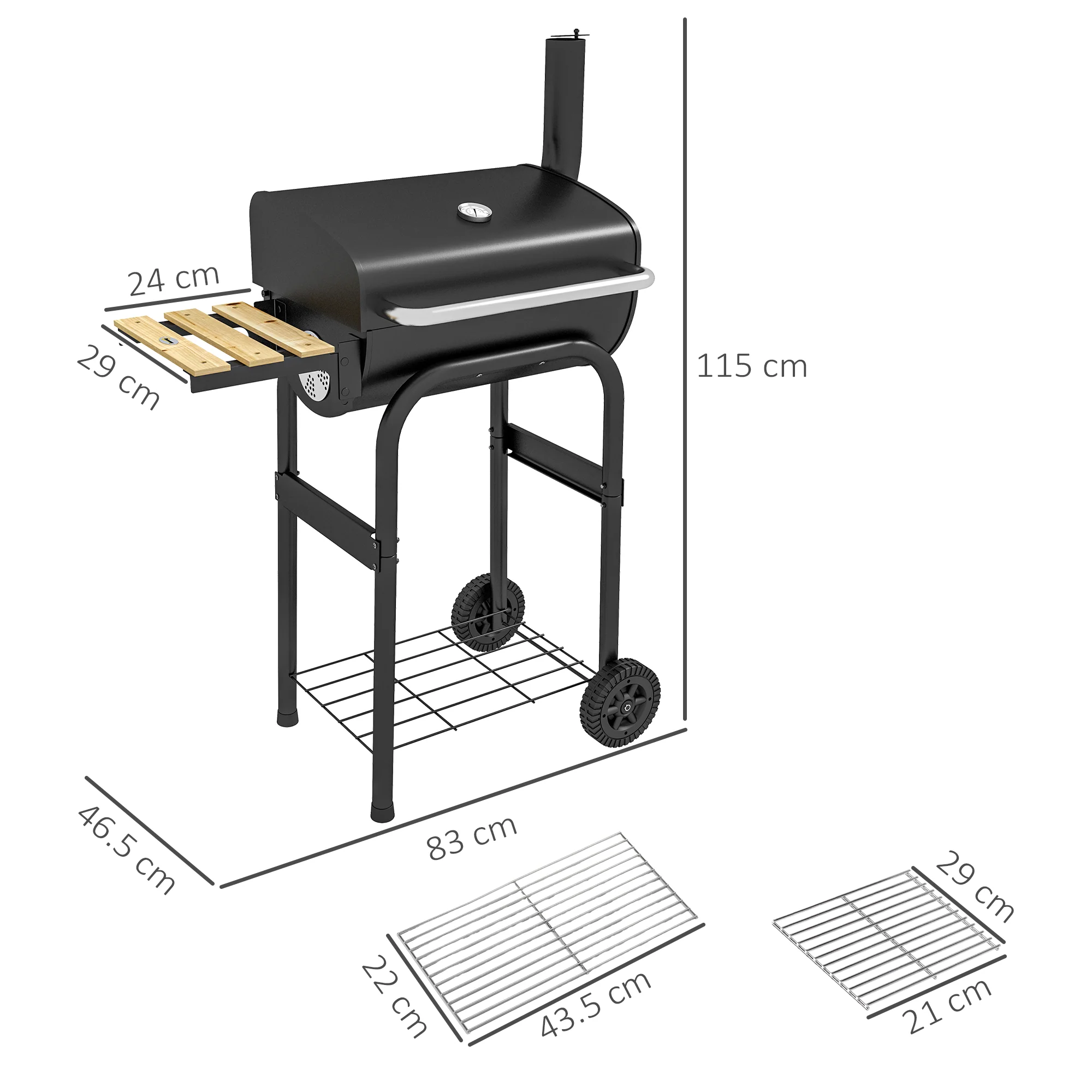 Outsunny Charcoal Barbecue BBQ Grill Trolley W/ Shelves, Lid And Thermometer - Image 5
