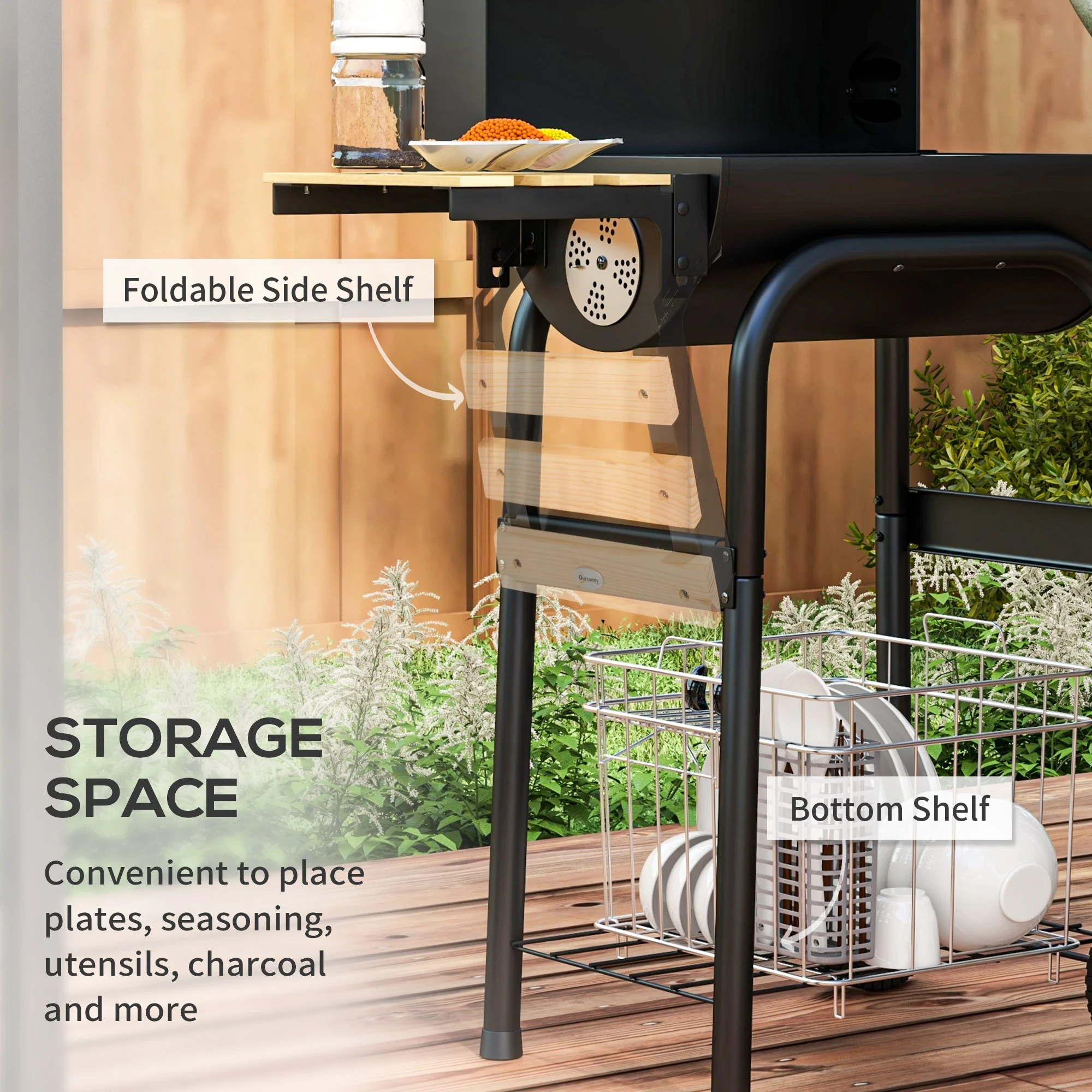 Outsunny Charcoal Barbecue BBQ Grill Trolley W/ Shelves, Lid And Thermometer - Image 6