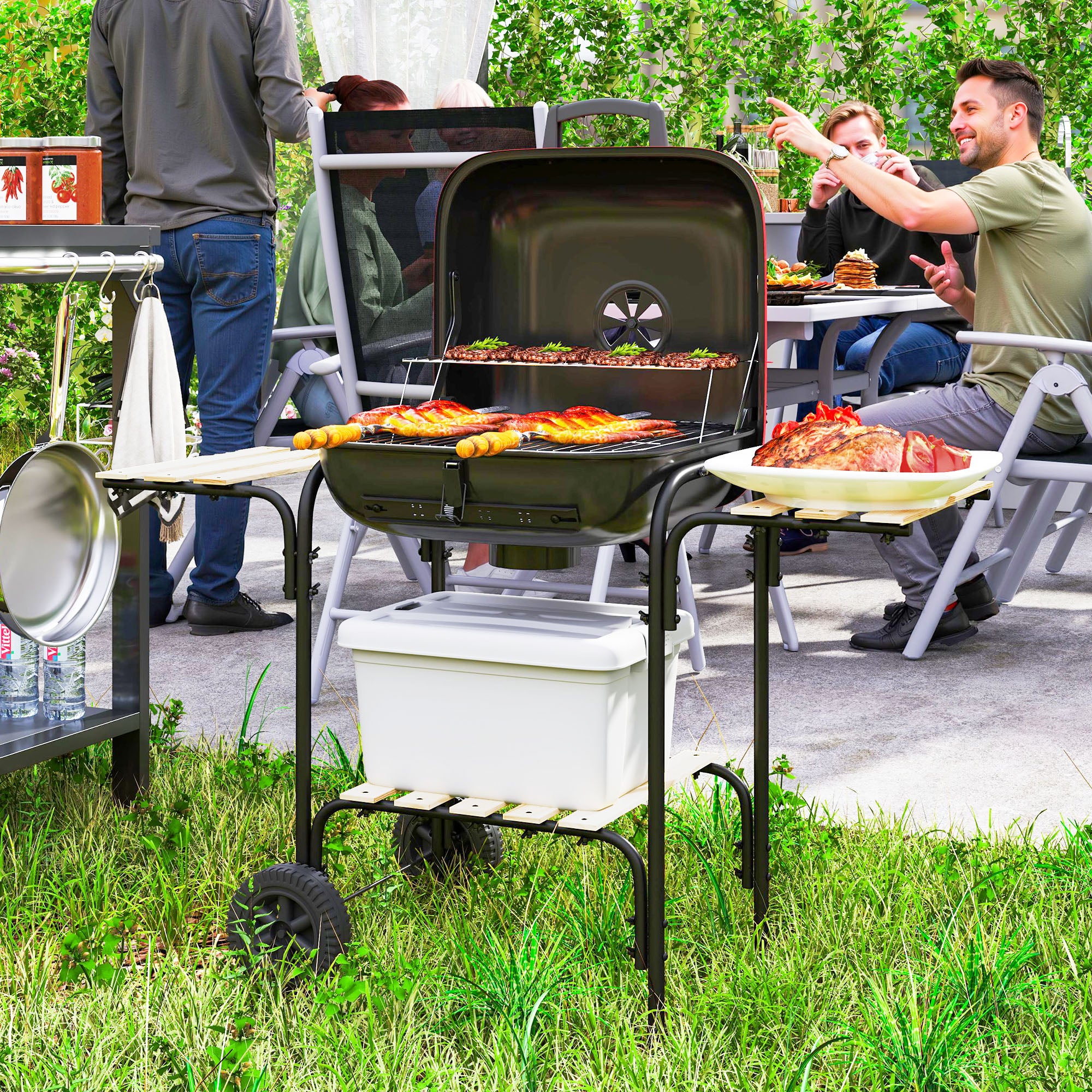 Outsunny Charcoal Barbecue Grill Portable BBQ With Lockable Lid, Vent - Image 11