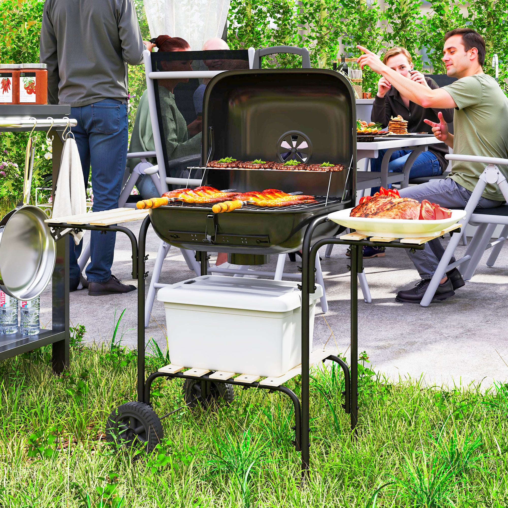Outsunny Charcoal Barbecue Grill Portable BBQ With Lockable Lid, Vent - Image 2