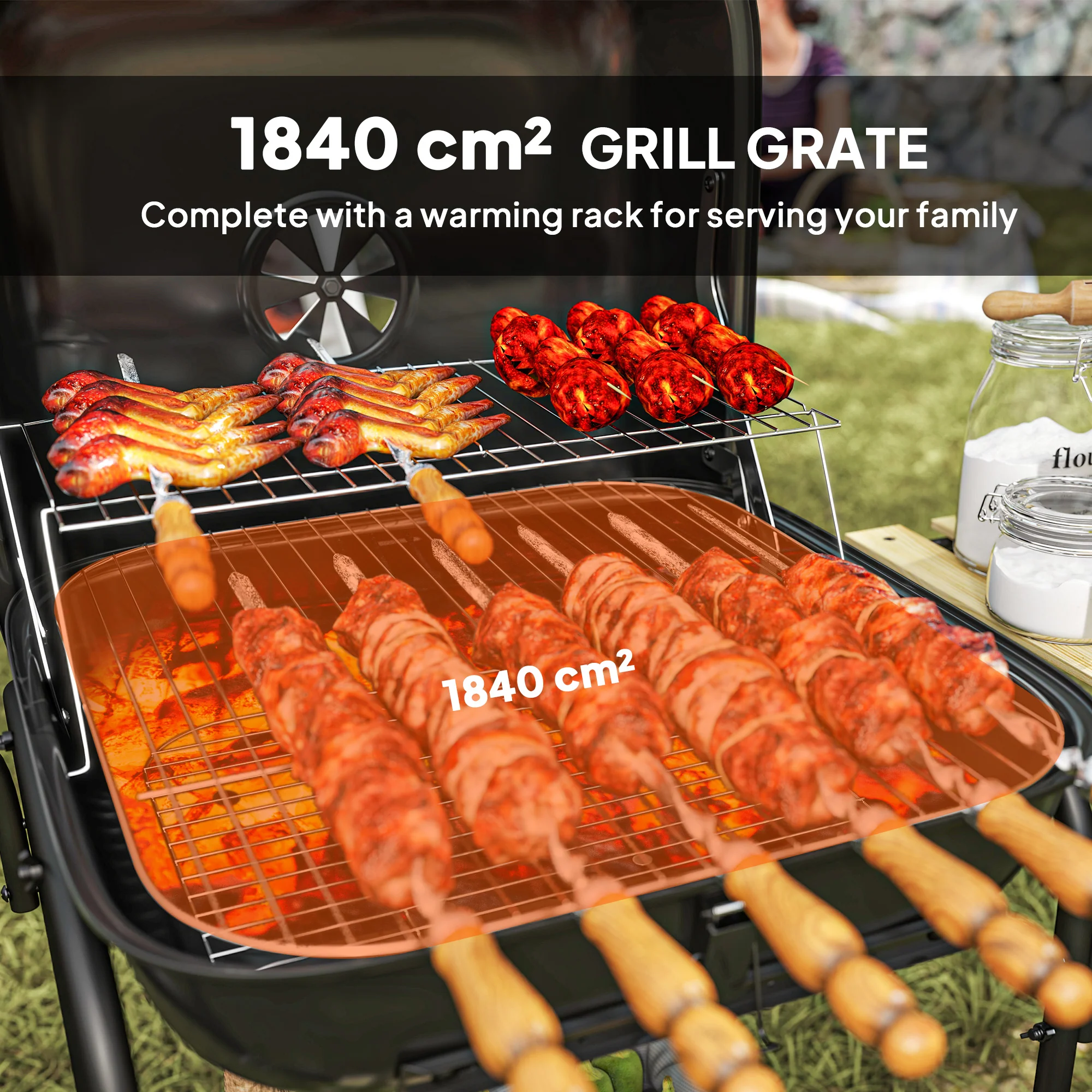 Outsunny Charcoal Barbecue Grill Portable BBQ With Lockable Lid, Vent - Image 3