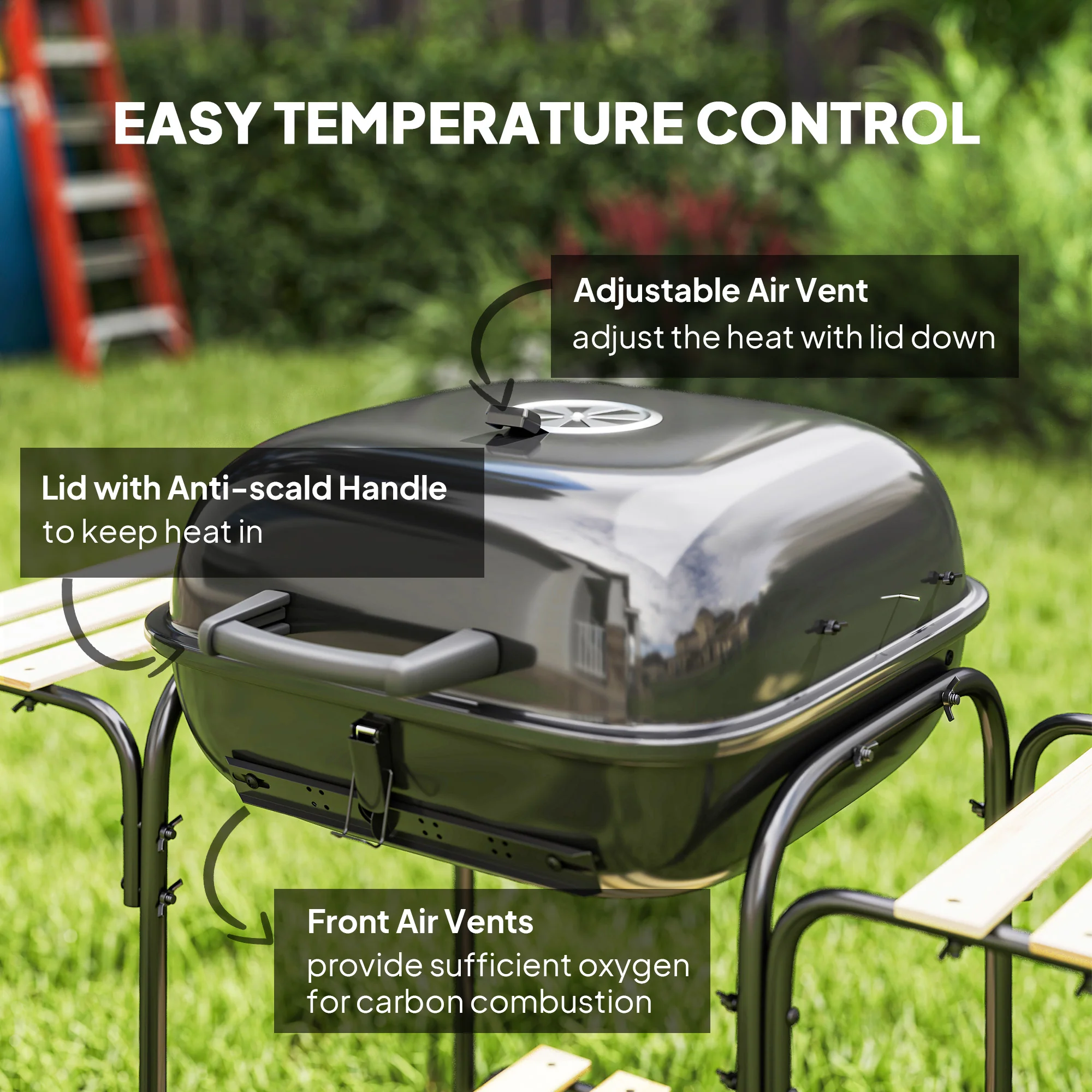 Outsunny Charcoal Barbecue Grill Portable BBQ With Lockable Lid, Vent - Image 4