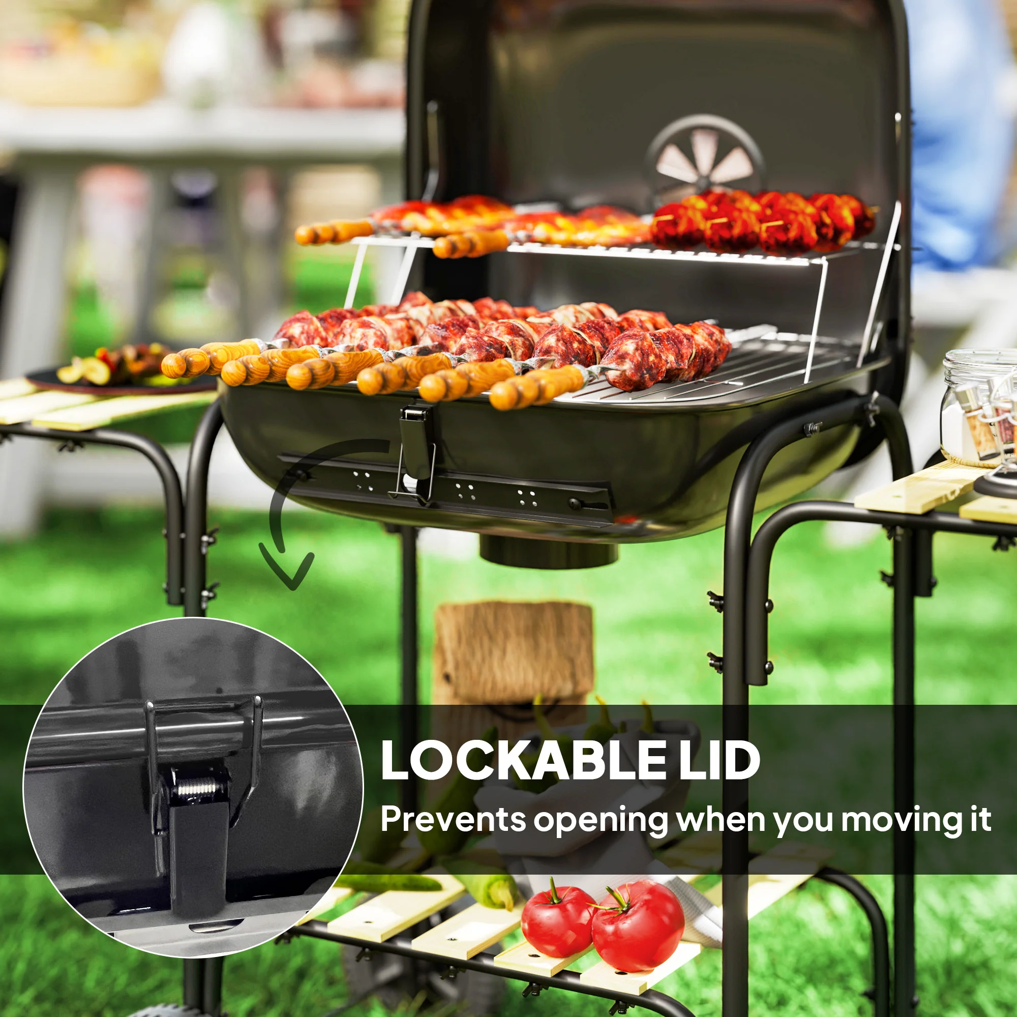 Outsunny Charcoal Barbecue Grill Portable BBQ With Lockable Lid, Vent - Image 7