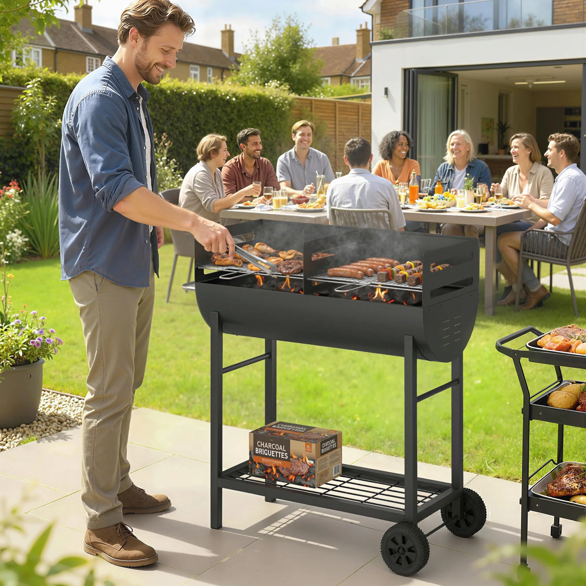 Outsunny Charcoal Barbecue Grill With 2 Cooking Areas, Wheels - Image 2