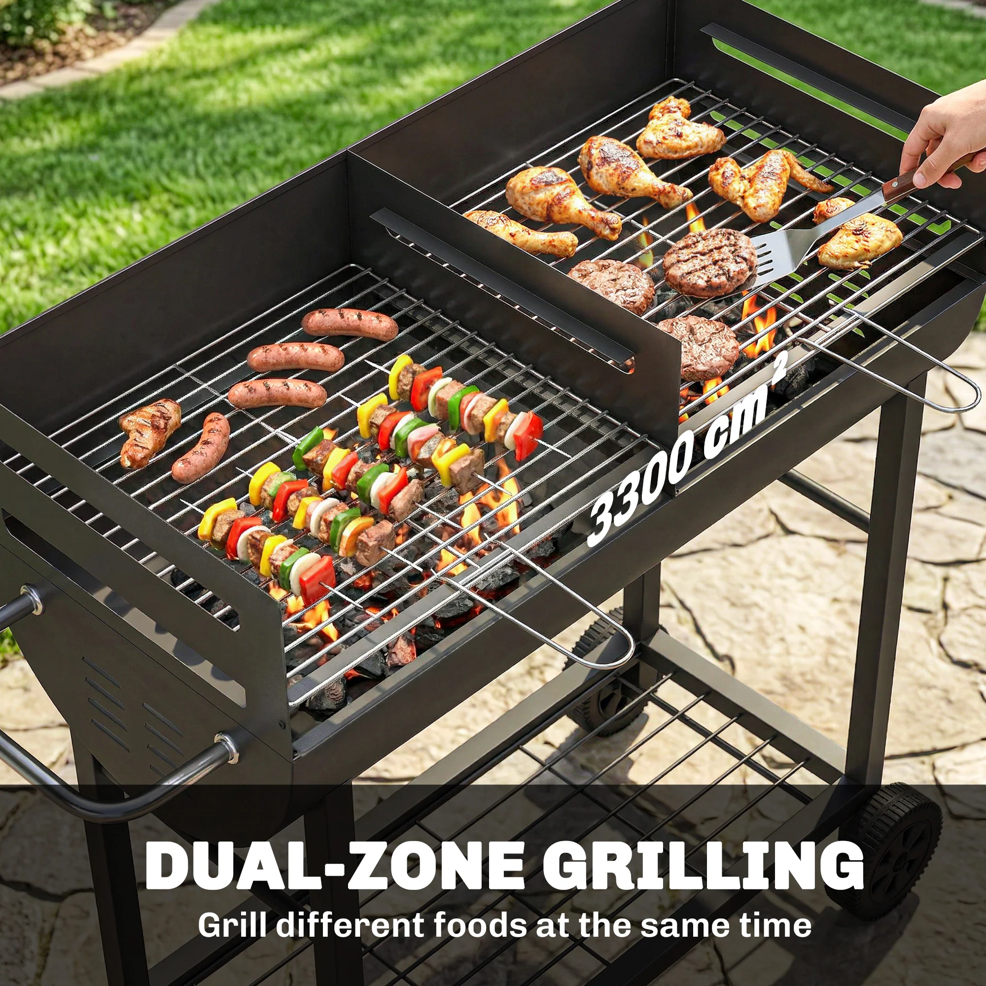 Outsunny Charcoal Barbecue Grill With 2 Cooking Areas, Wheels - Image 3
