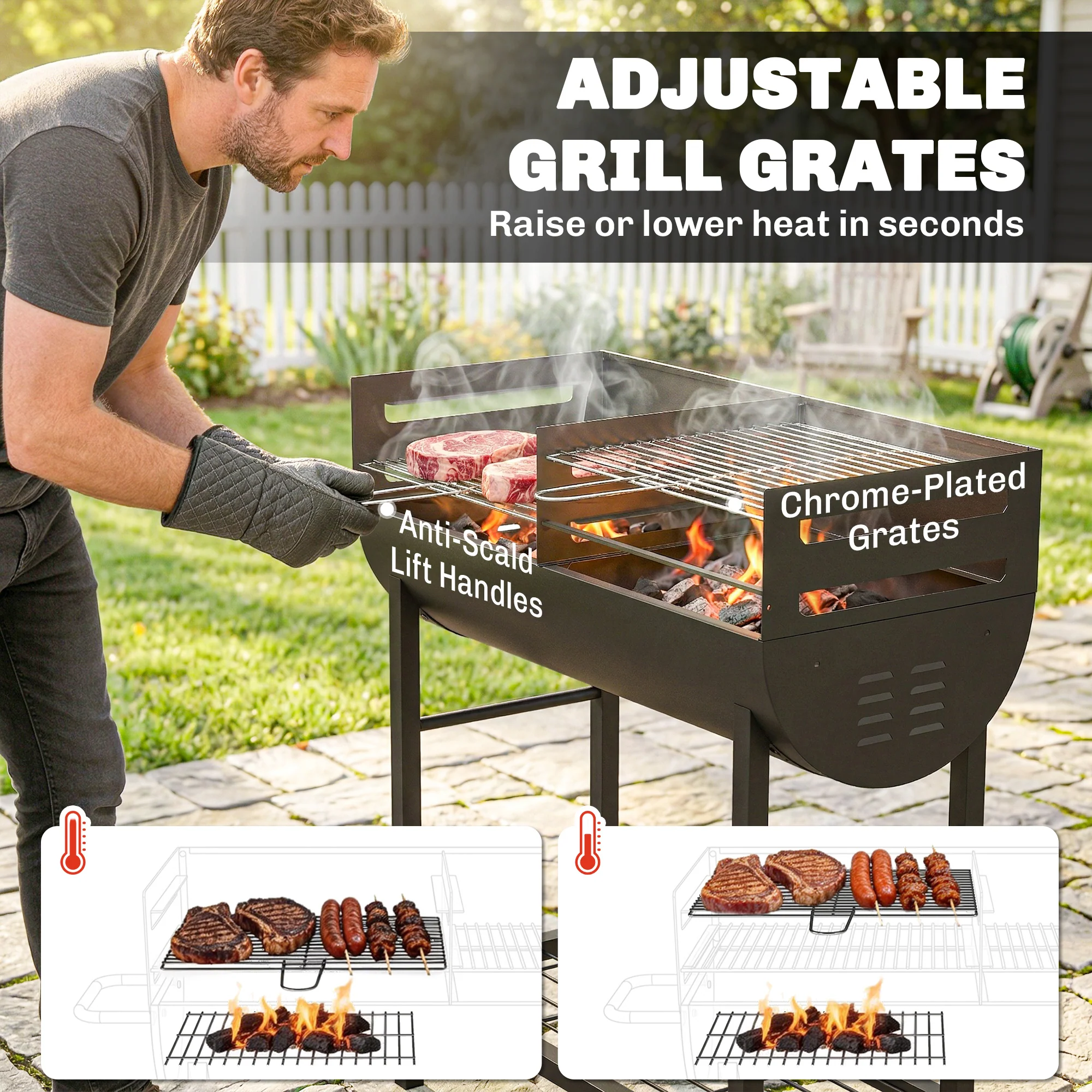 Outsunny Charcoal Barbecue Grill With 2 Cooking Areas, Wheels - Image 4