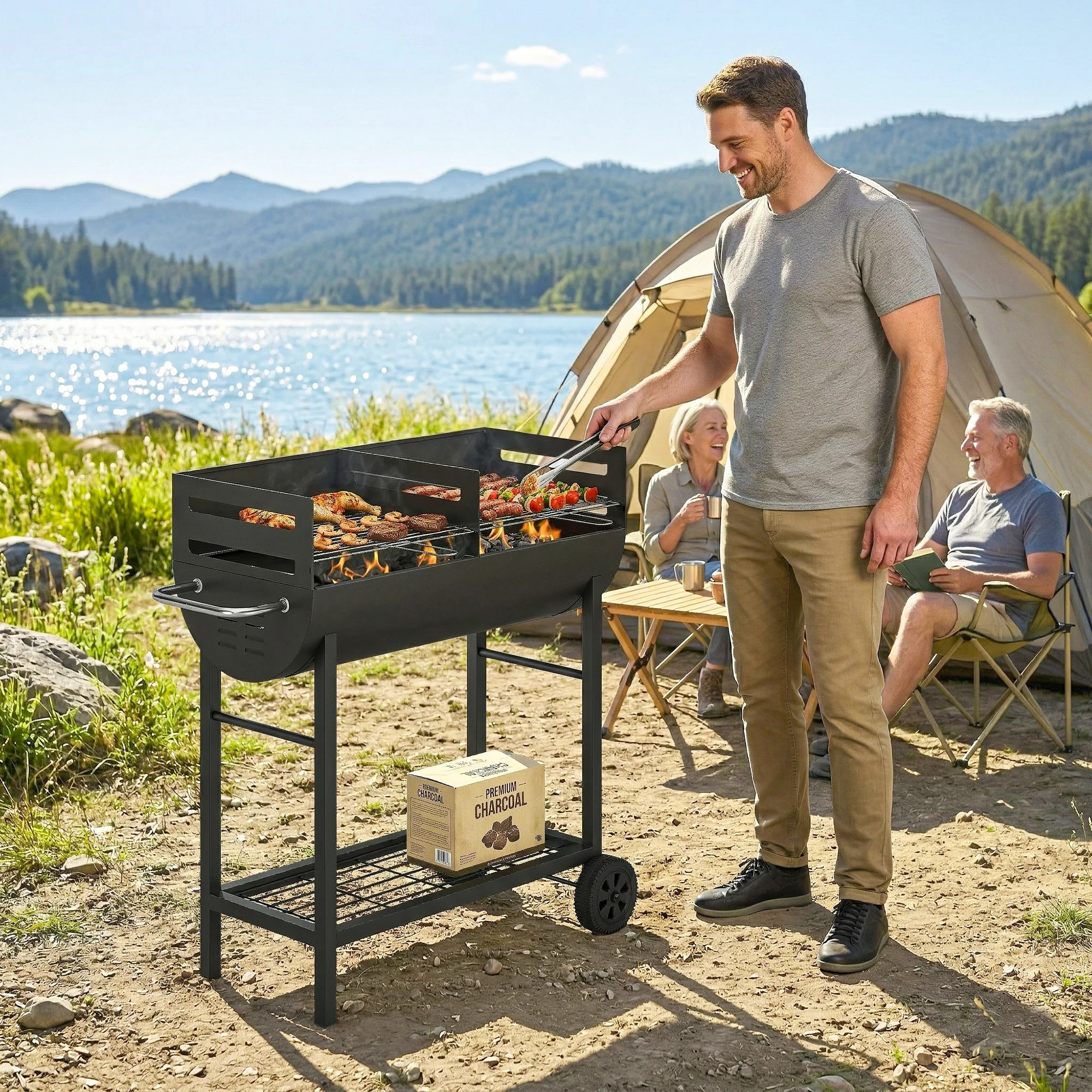 Outsunny Charcoal Barbecue Grill With 2 Cooking Areas, Wheels - Image 9
