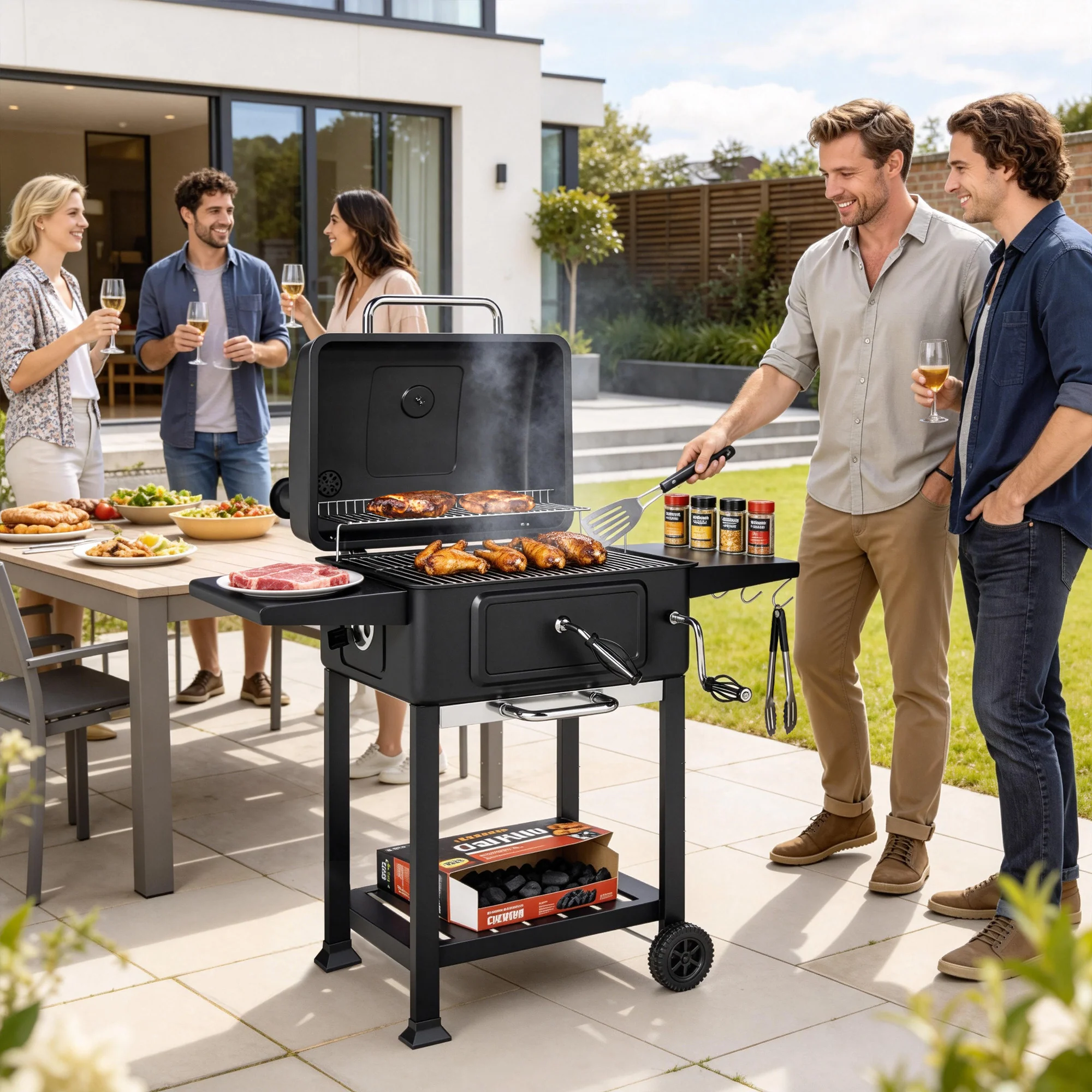Outsunny Charcoal BBQ Grill, Large Barbecue Grill Smoker With Wheels, Black - Image 2
