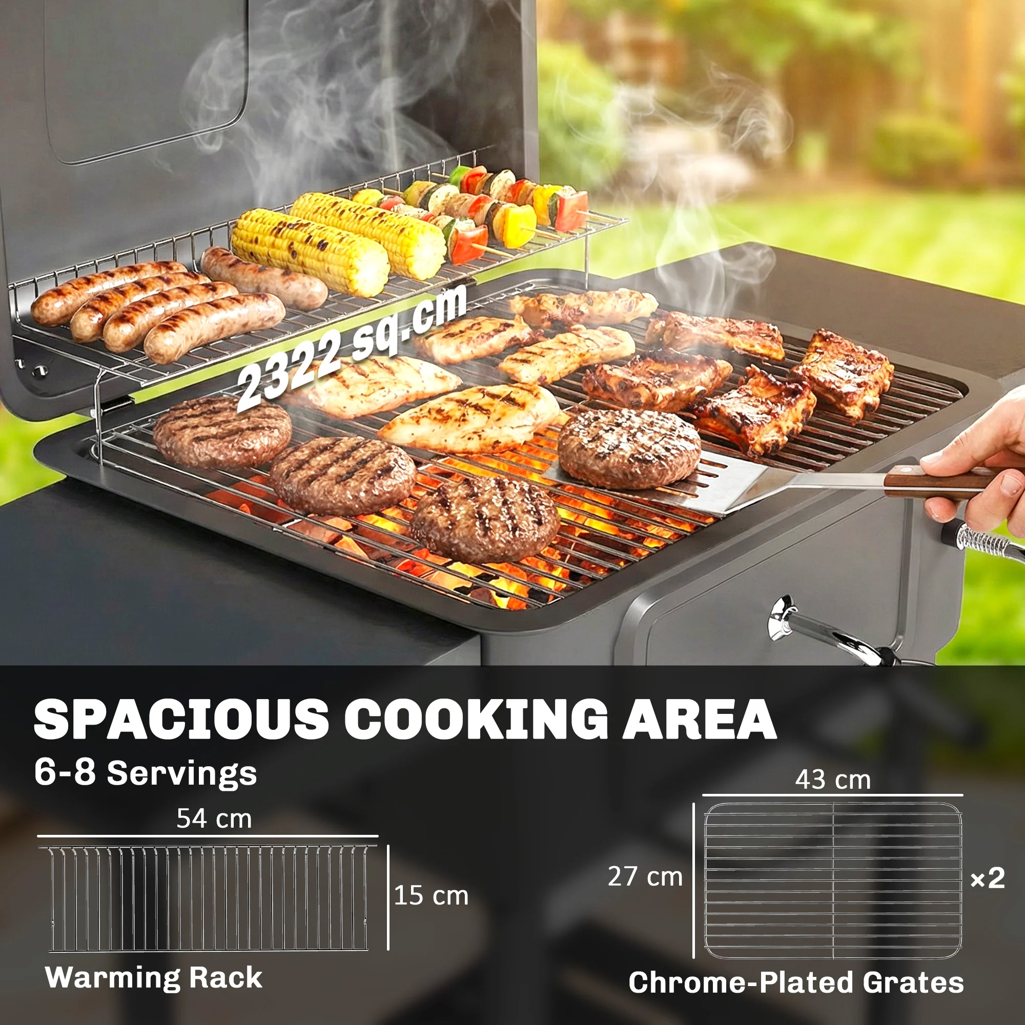 Outsunny Charcoal BBQ Grill, Large Barbecue Grill Smoker With Wheels, Black - Image 3