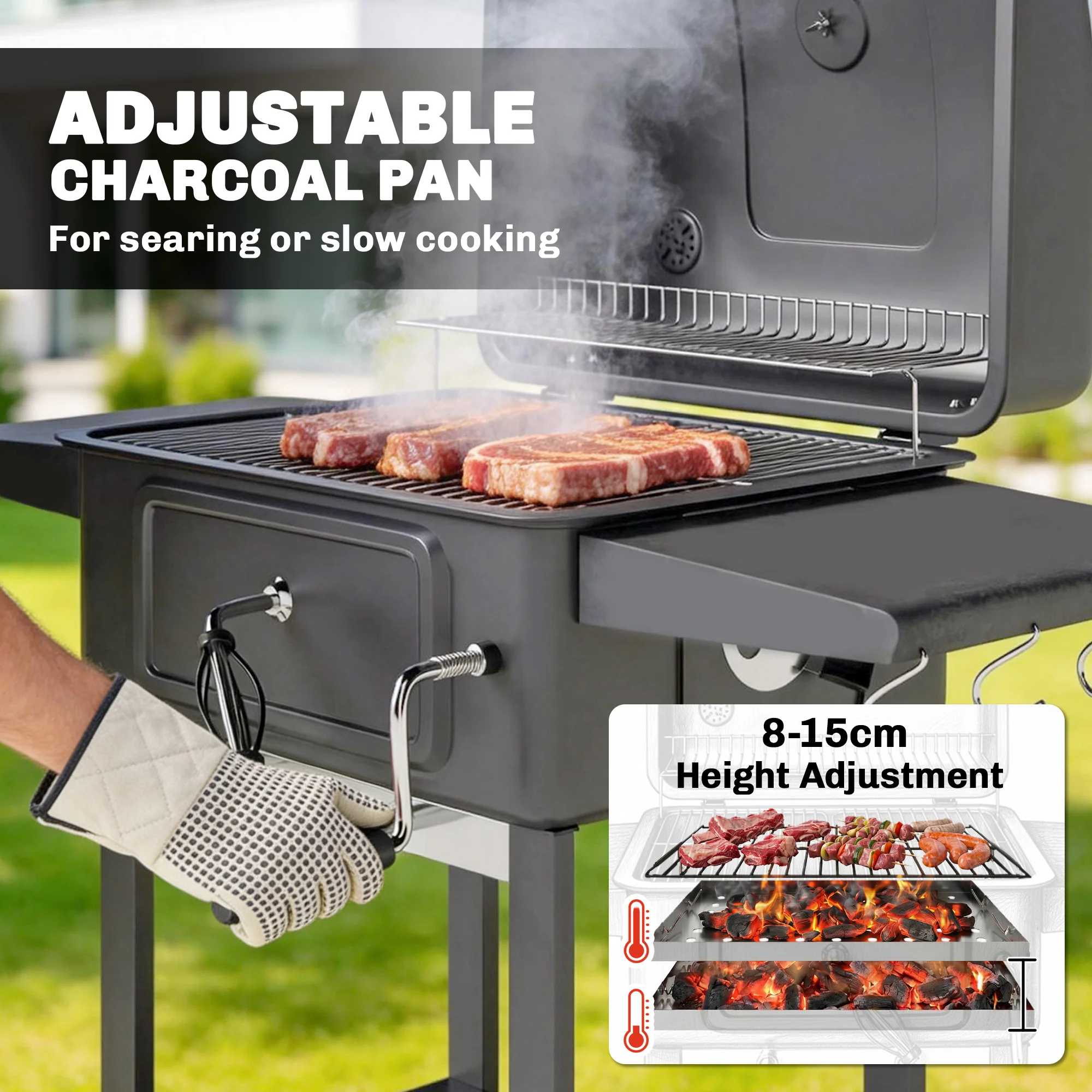Outsunny Charcoal BBQ Grill, Large Barbecue Grill Smoker With Wheels, Black - Image 4