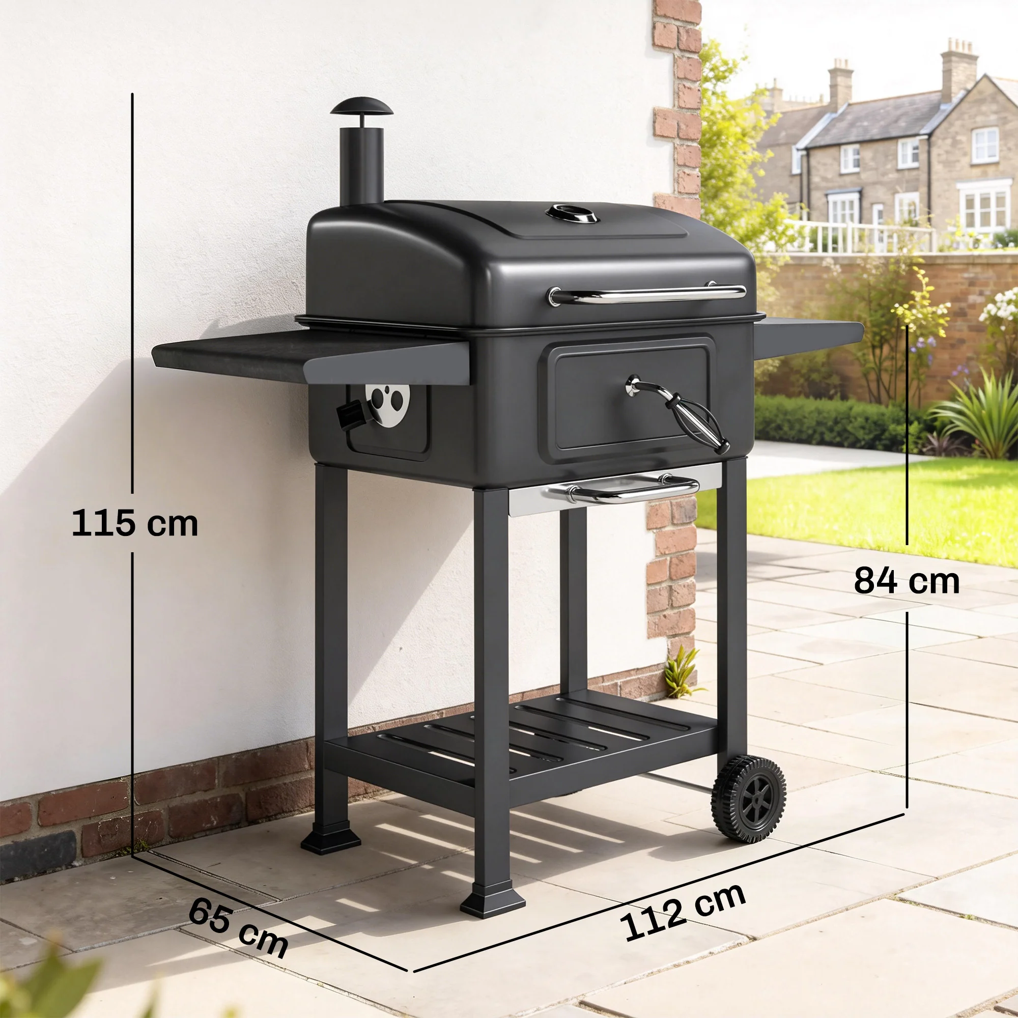 Outsunny Charcoal BBQ Grill, Large Barbecue Grill Smoker With Wheels, Black - Image 5