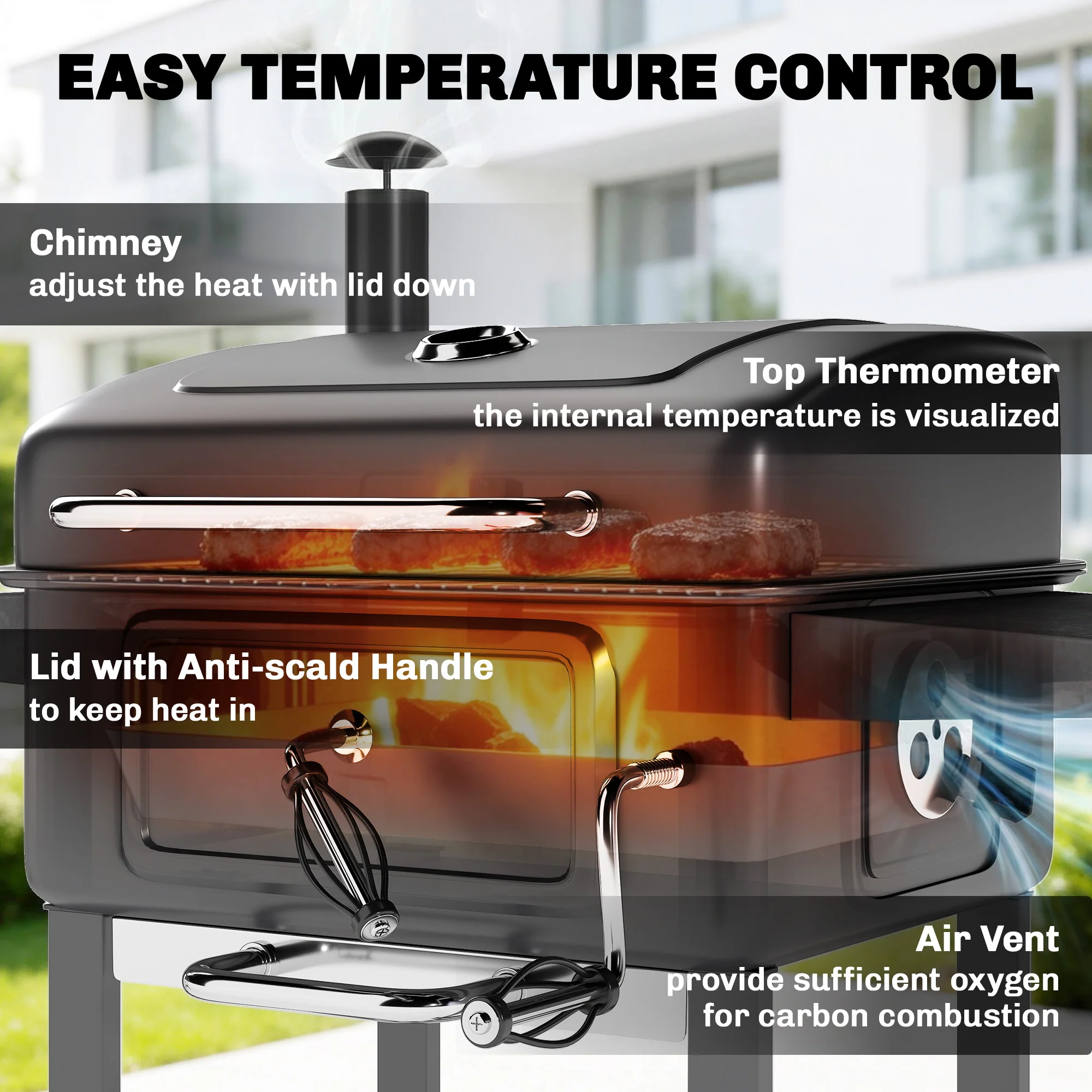 Outsunny Charcoal BBQ Grill, Large Barbecue Grill Smoker With Wheels, Black - Image 6