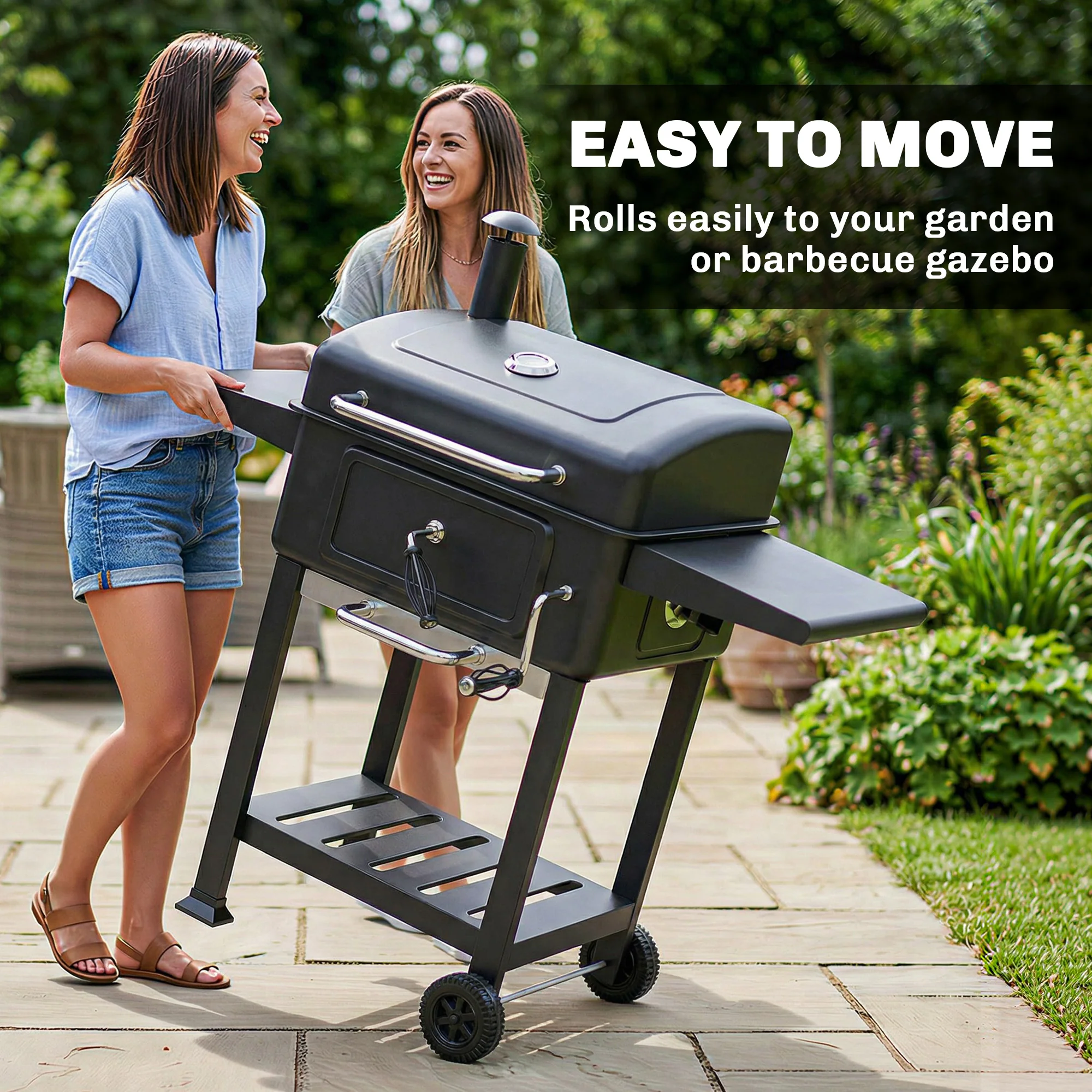 Outsunny Charcoal BBQ Grill, Large Barbecue Grill Smoker With Wheels, Black - Image 9