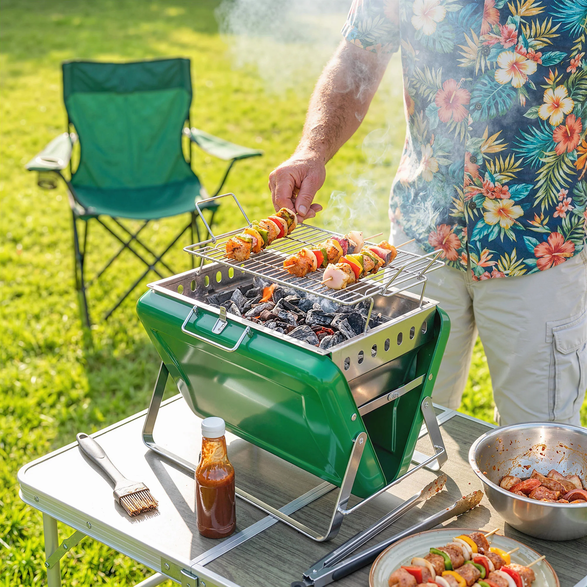 Outsunny Charcoal BBQ Grill Portable with Tilting Grate Dark Green - Image 2