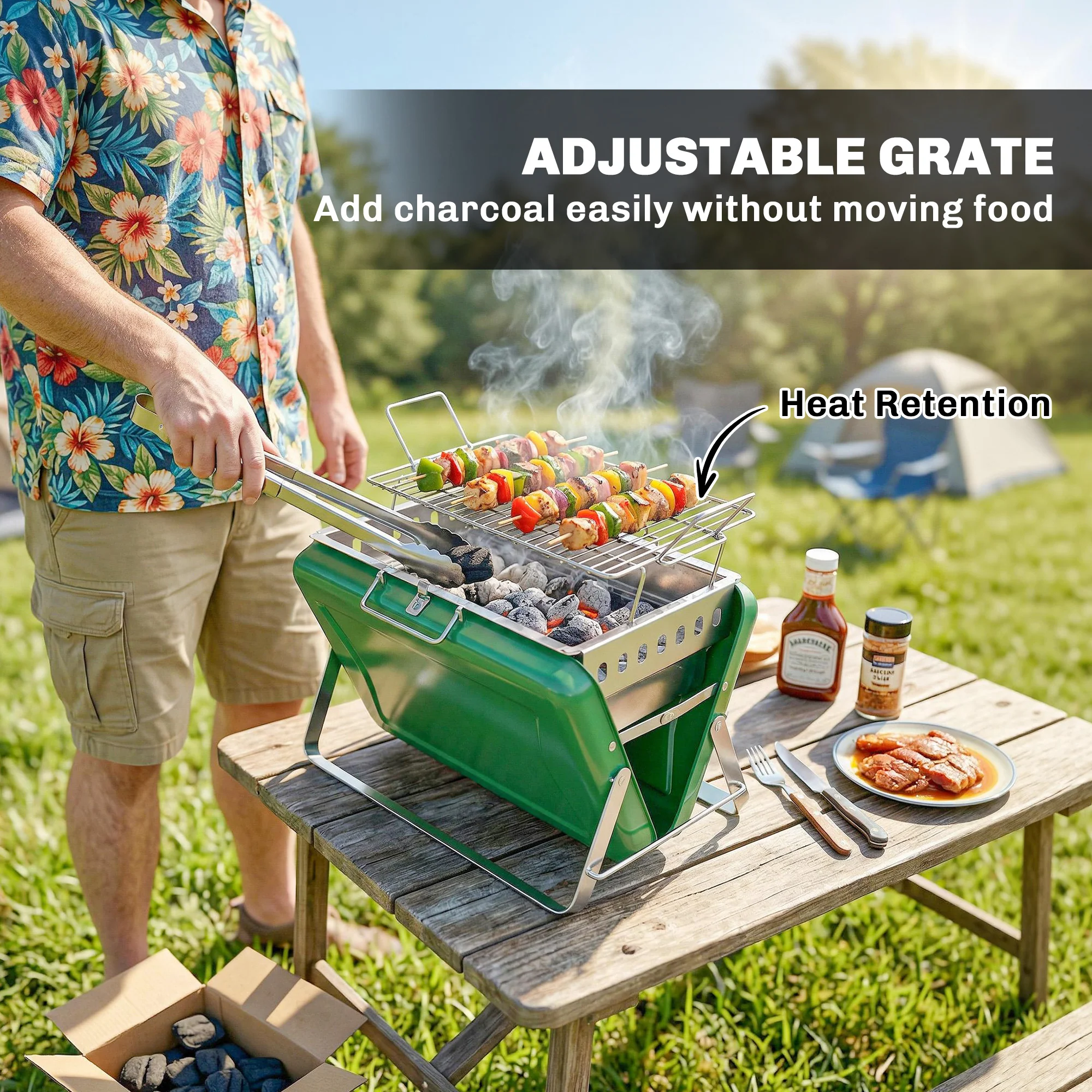 Outsunny Charcoal BBQ Grill Portable with Tilting Grate Dark Green - Image 4