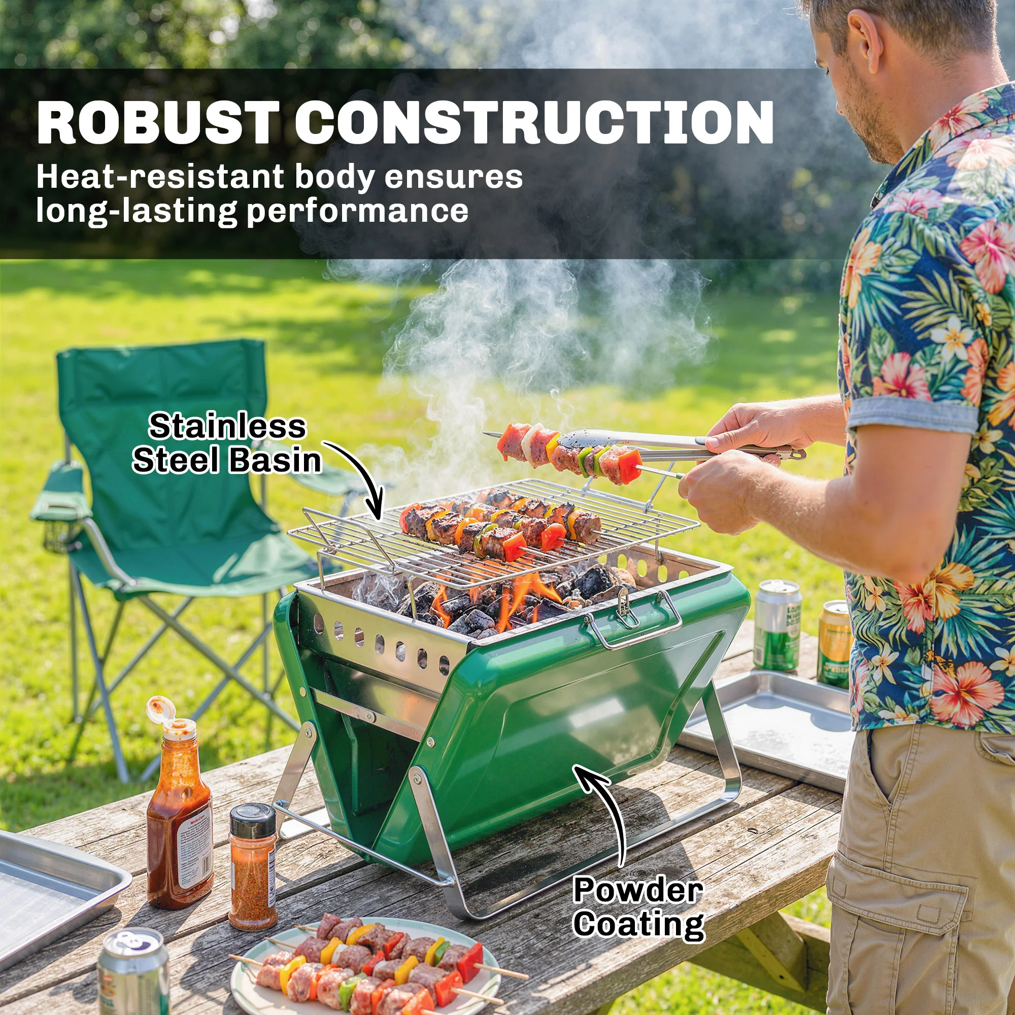 Outsunny Charcoal BBQ Grill Portable with Tilting Grate Dark Green - Image 7