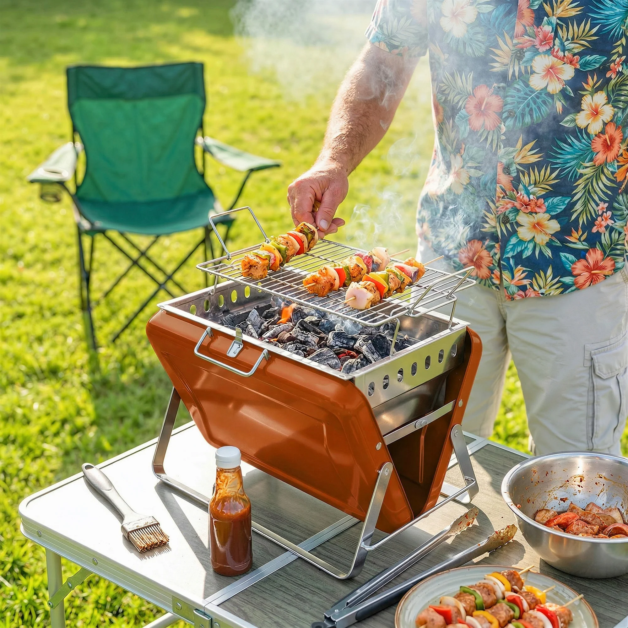Outsunny Charcoal BBQ Grill Portable with Tilting Grate Orange - Image 2