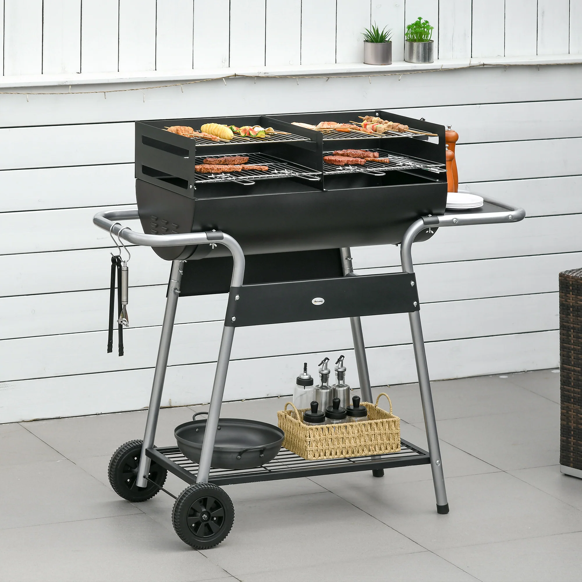 Outsunny Charcoal BBQ Grill with Double Grill, Table, Storage Shelf and Wheels - Image 2