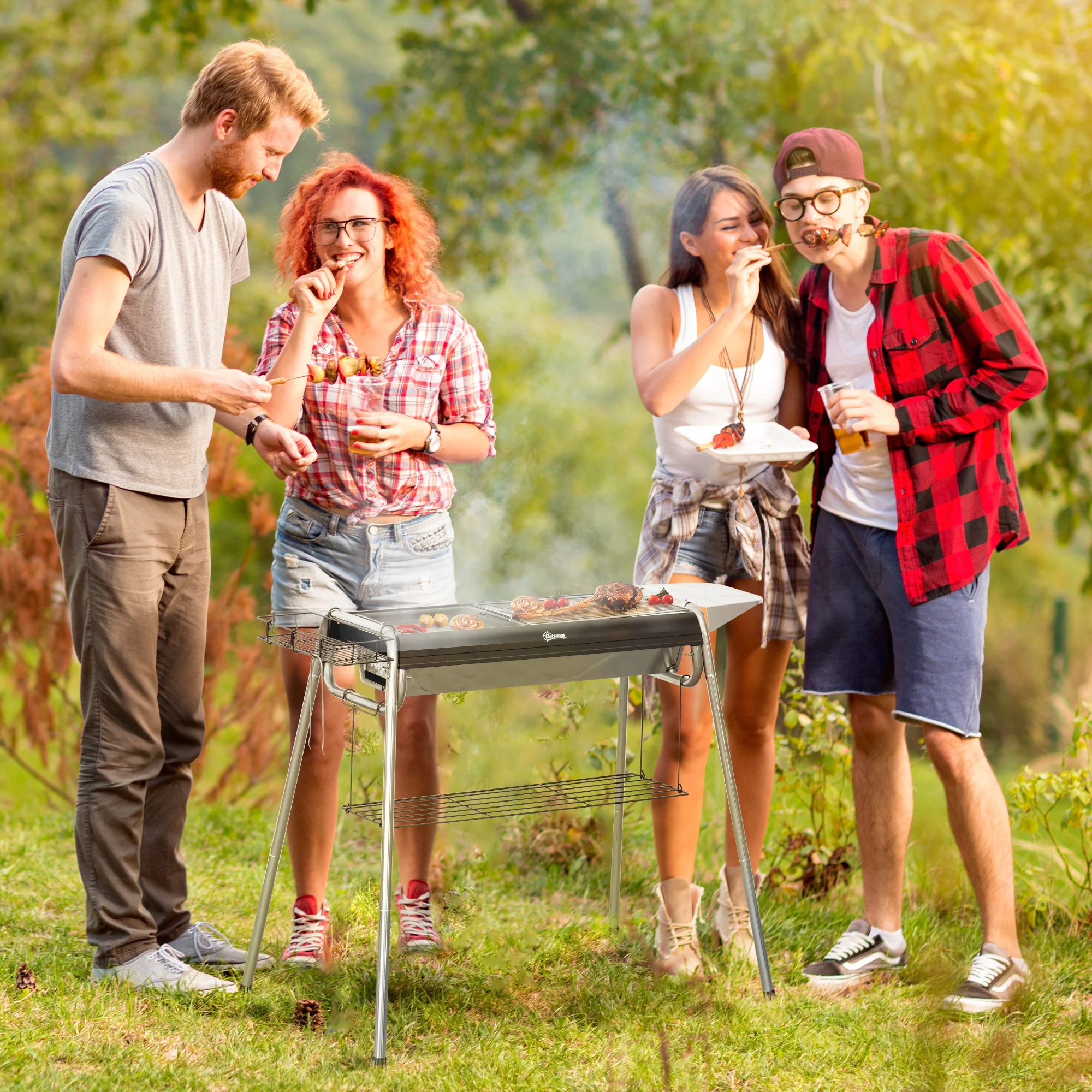 Outsunny Charcoal BBQ Grill with Griddle Plate, Black - Image 2