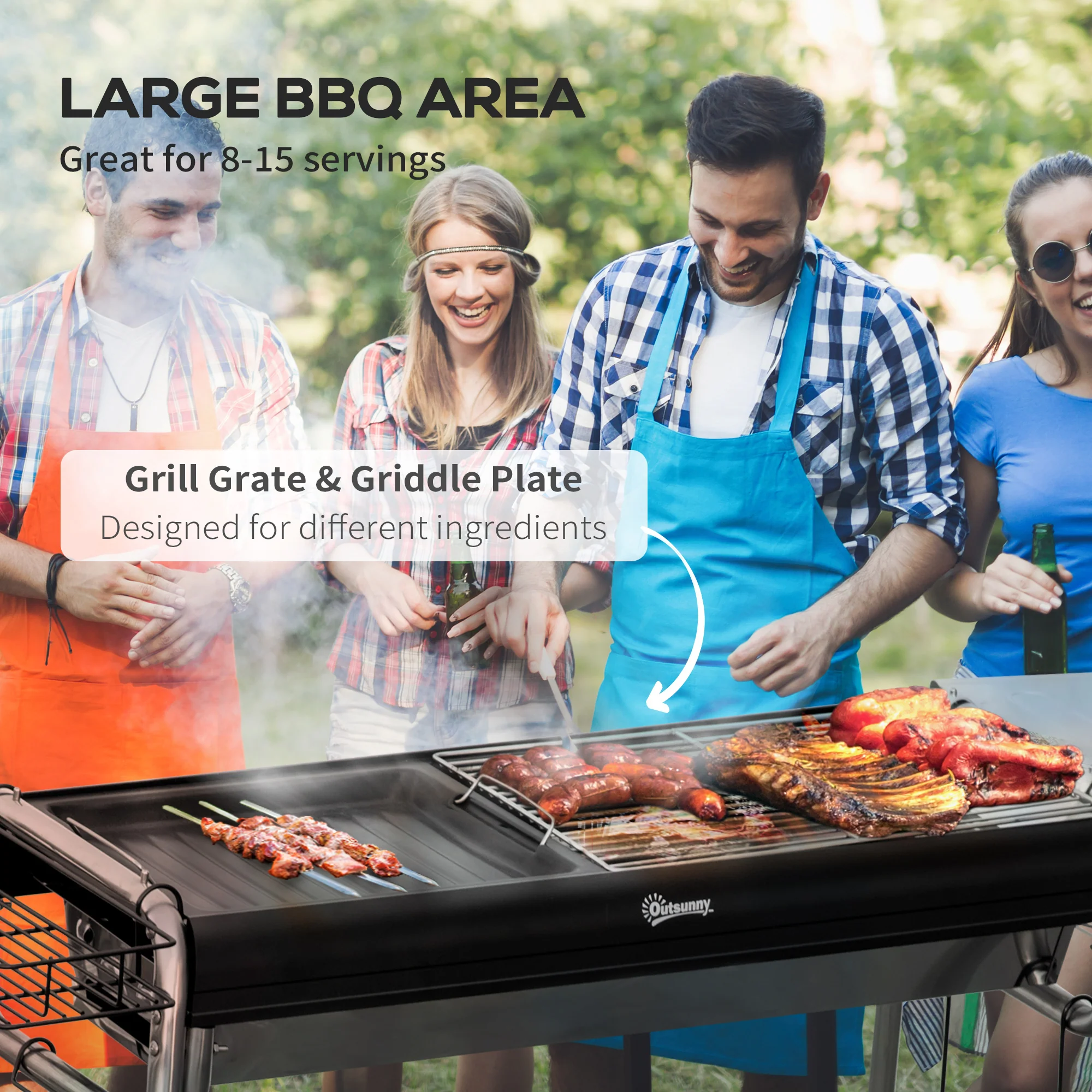 Outsunny Charcoal BBQ Grill with Griddle Plate, Black - Image 4