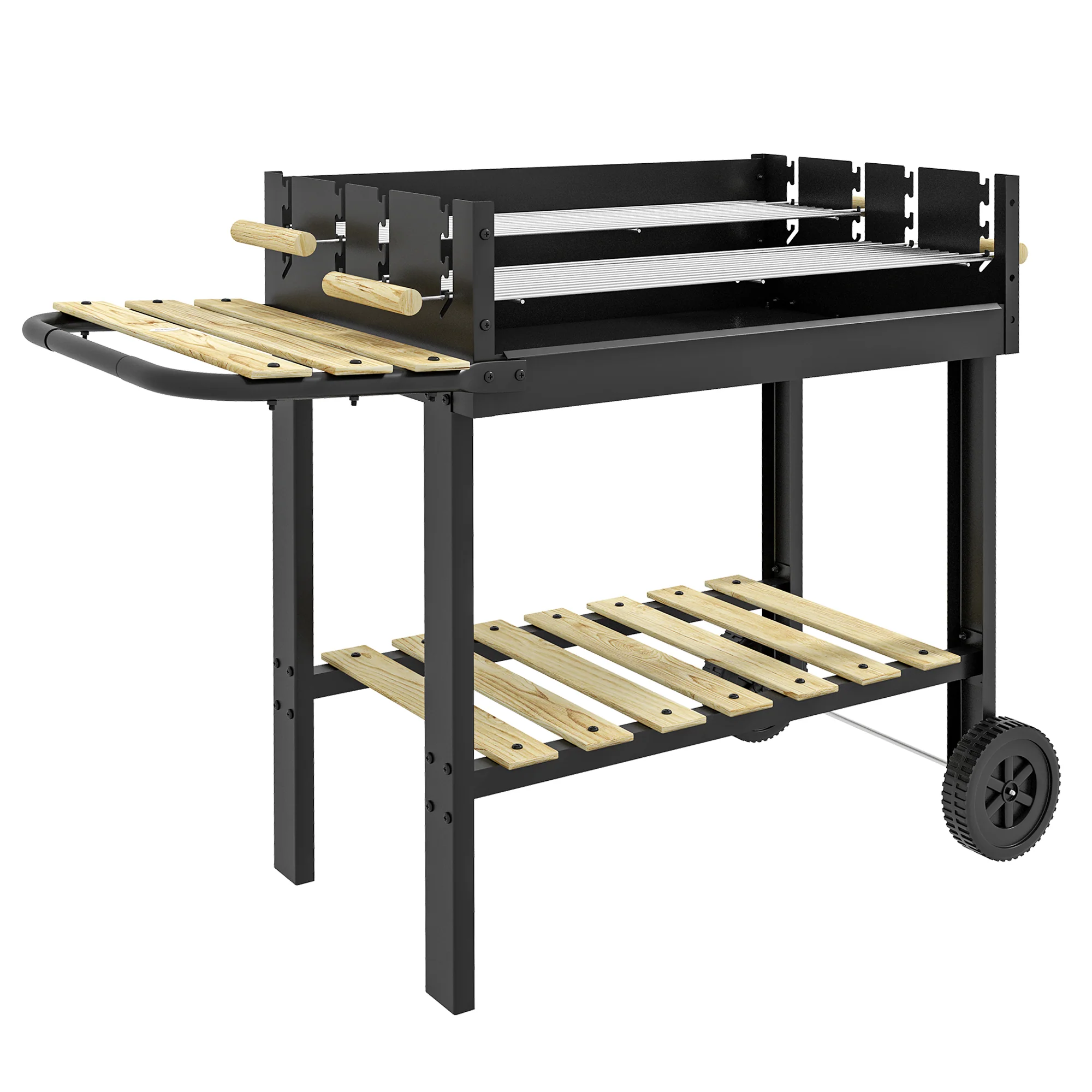 Outsunny Charcoal BBQ Grill With Side Table, Storage Shelf And Wheels