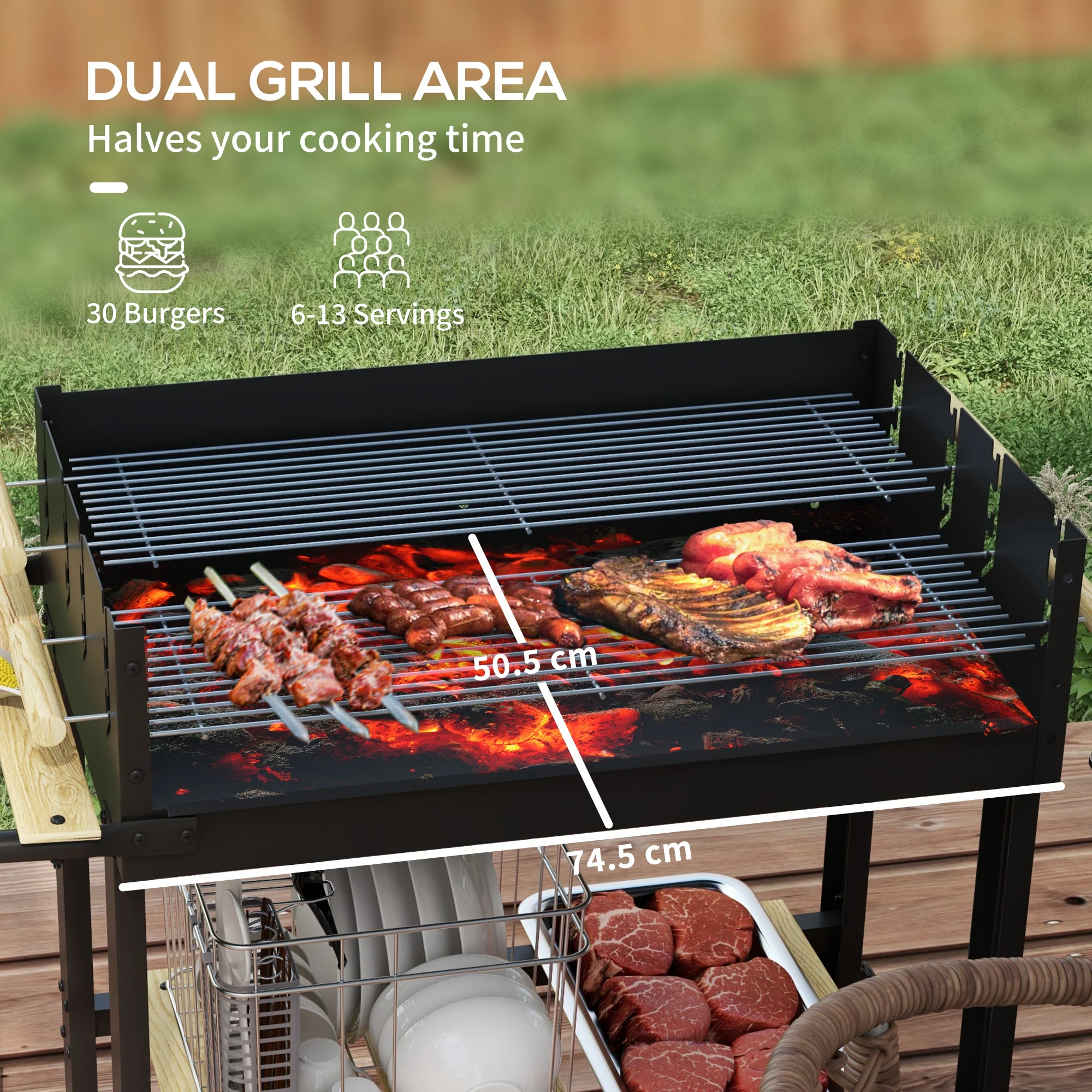 Outsunny Charcoal BBQ Grill With Side Table, Storage Shelf And Wheels - Image 3