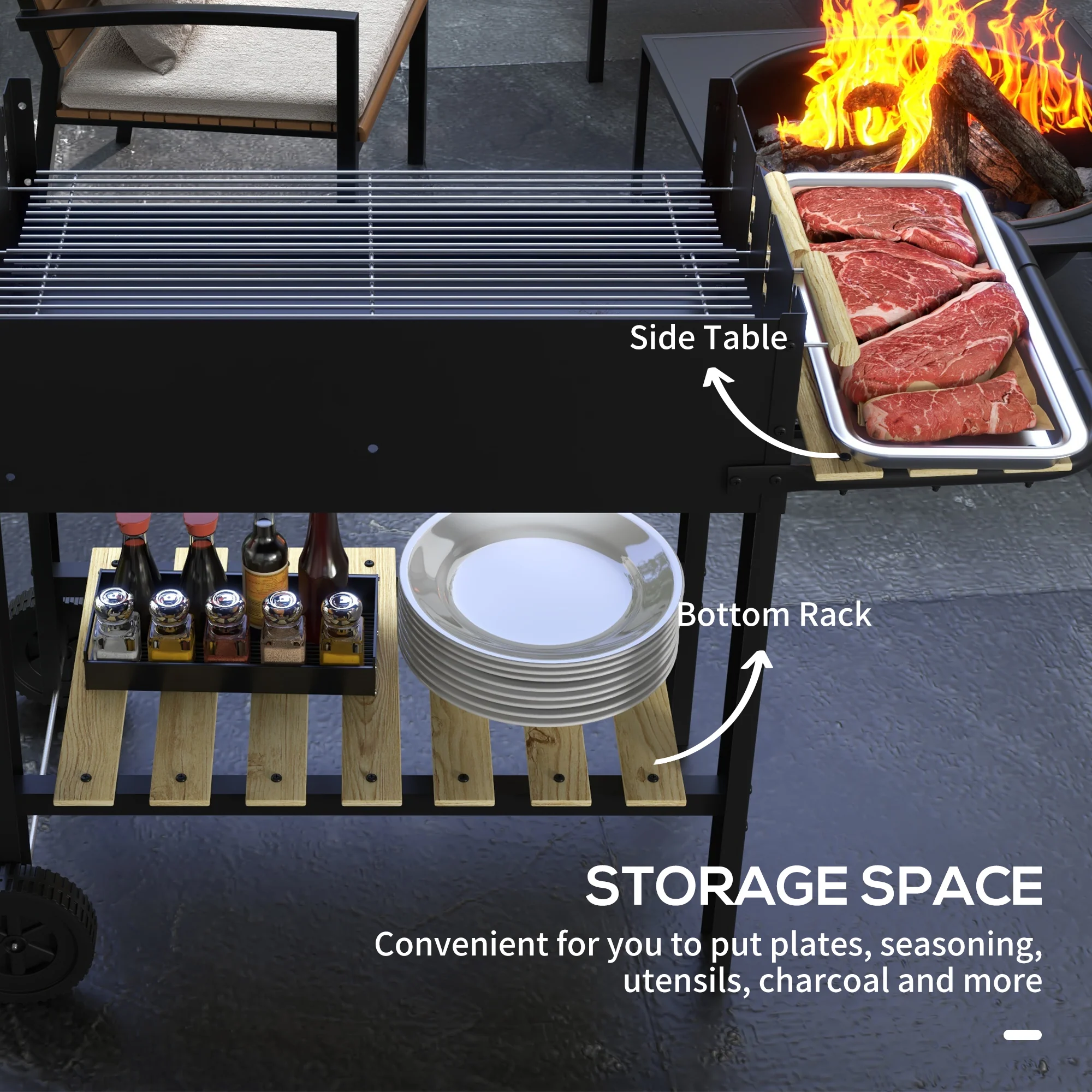 Outsunny Charcoal BBQ Grill With Side Table, Storage Shelf And Wheels - Image 6