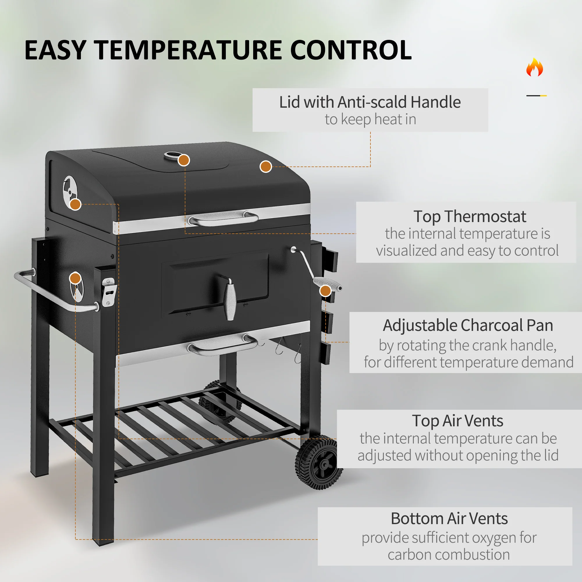 Outsunny Charcoal Grill BBQ Trolley Wheels Shelf Side Thermometer Steel Black - Image 4