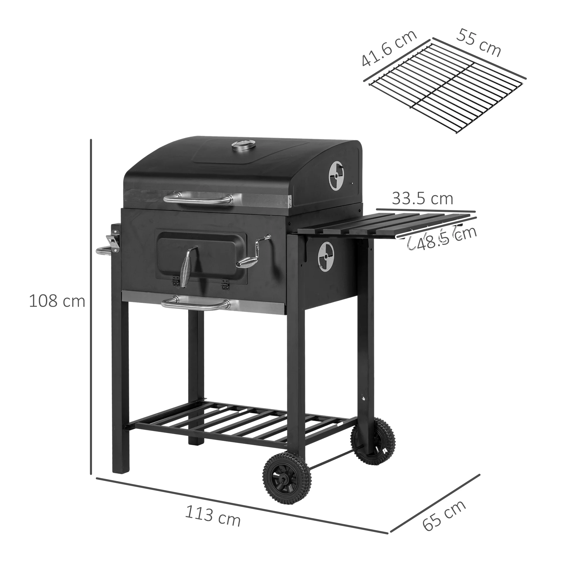 Outsunny Charcoal Grill BBQ Trolley Wheels Shelf Side Thermometer Steel Black - Image 5