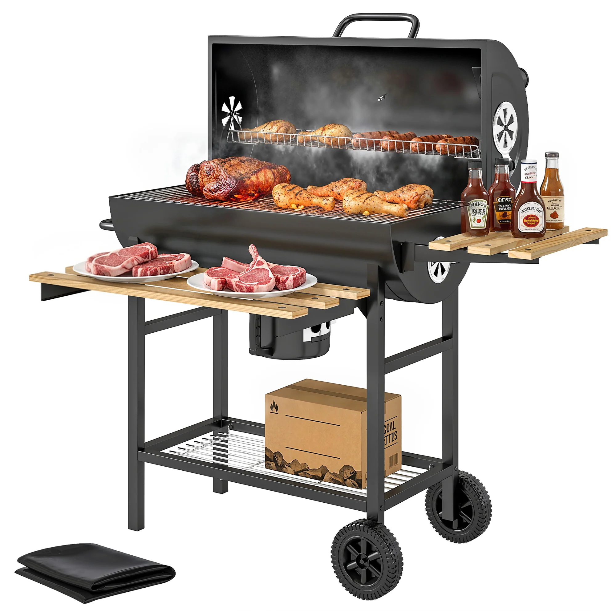 Outsunny Charcoal Grill, Charcoal BBQ Grill With Foldable Shelves