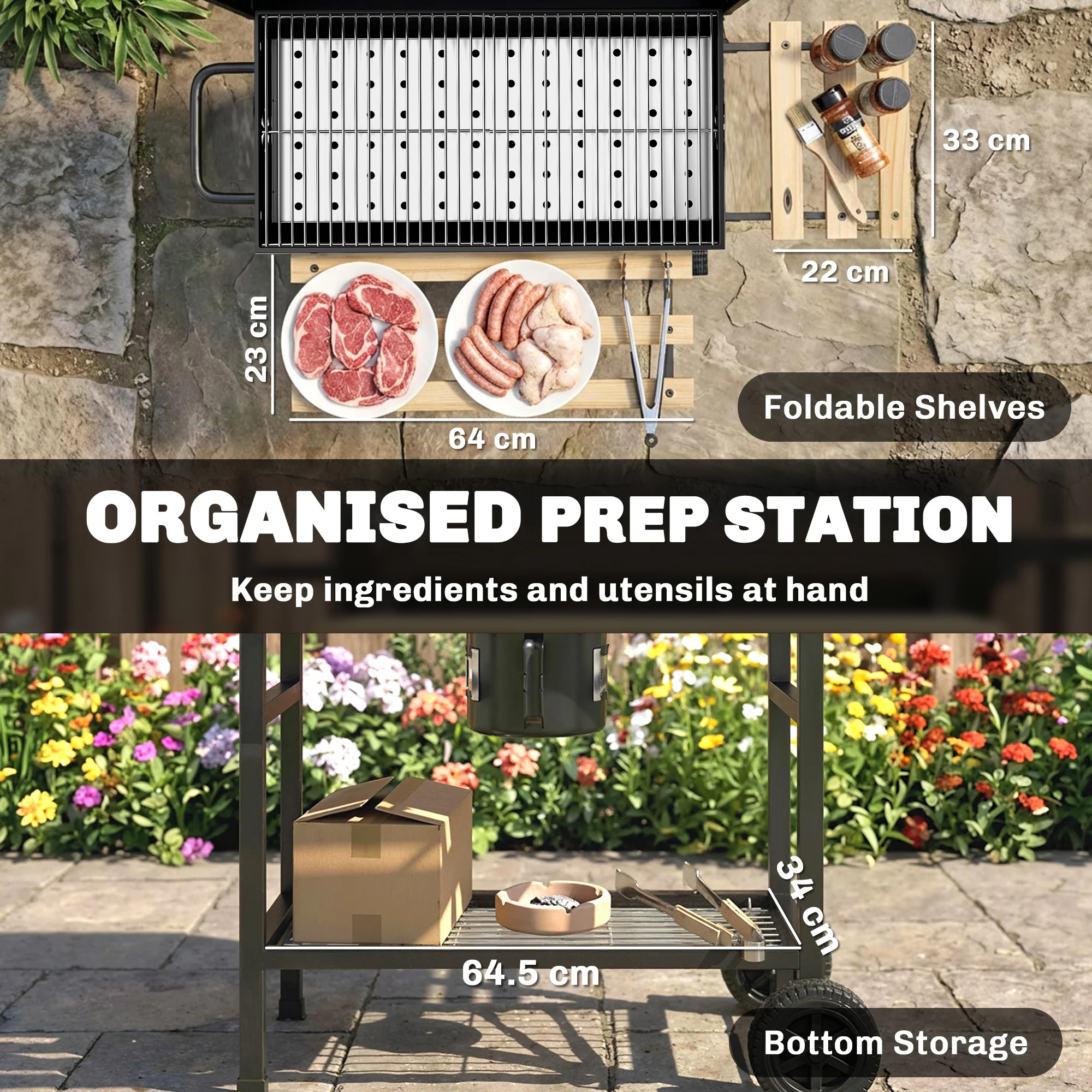 Outsunny Charcoal Grill, Charcoal BBQ Grill With Foldable Shelves - Image 6