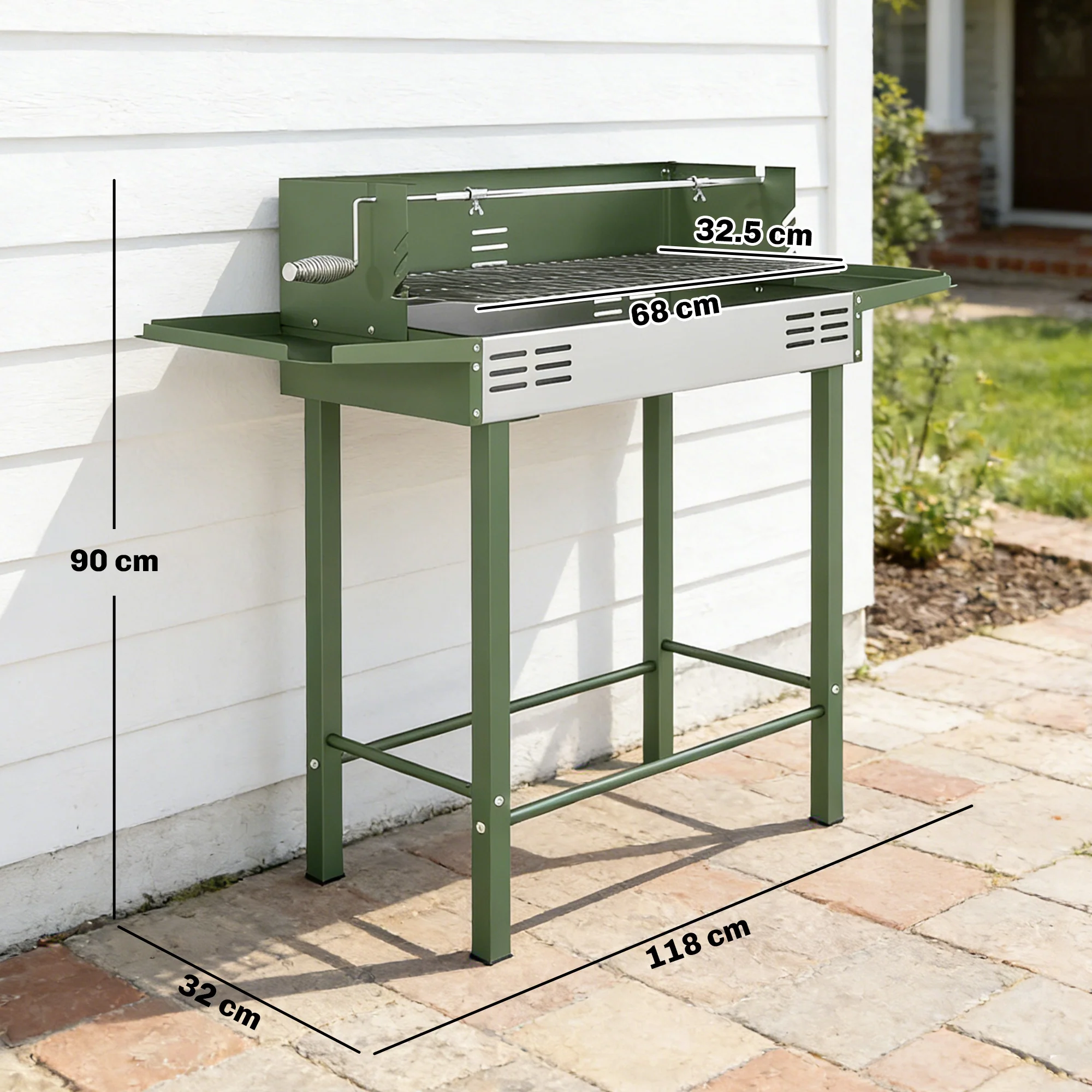 Outsunny Charcoal Spit Roasting Machine w/ 3-Tier Grill Grate, Dark Green - Image 3