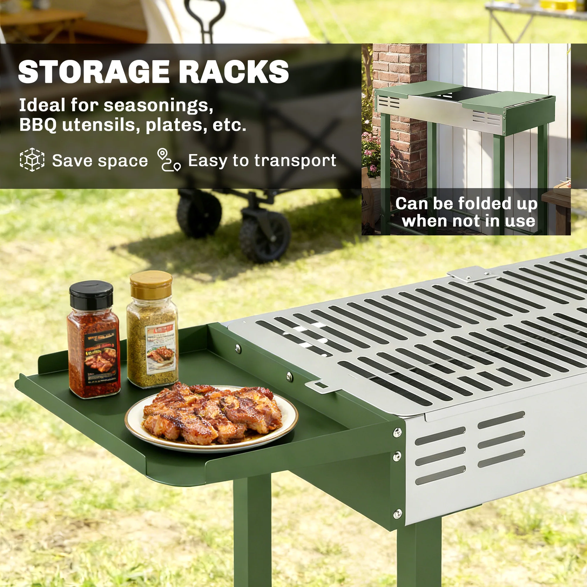 Outsunny Charcoal Spit Roasting Machine w/ 3-Tier Grill Grate, Dark Green - Image 6