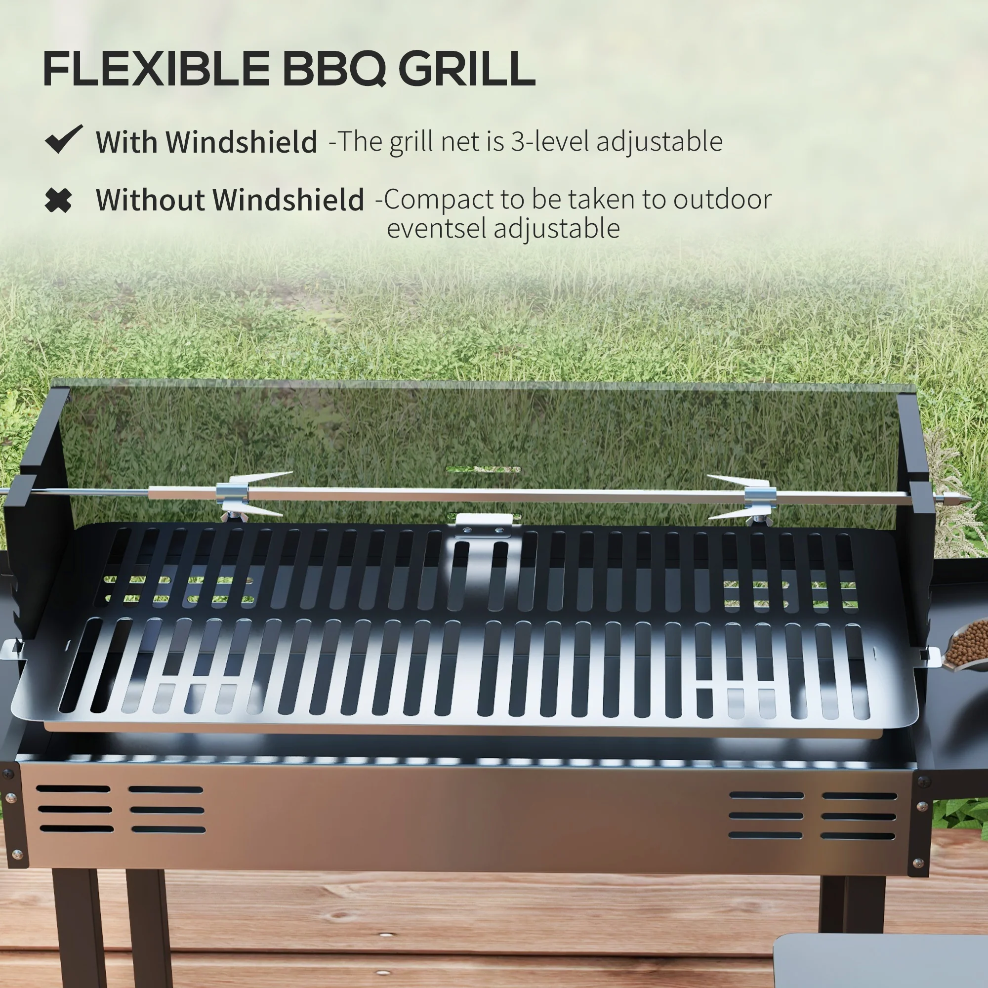 Outsunny Charcoal Spit Roasting Machine w/ 3-Tier Grill Grate & Foldable Shelves - Image 4