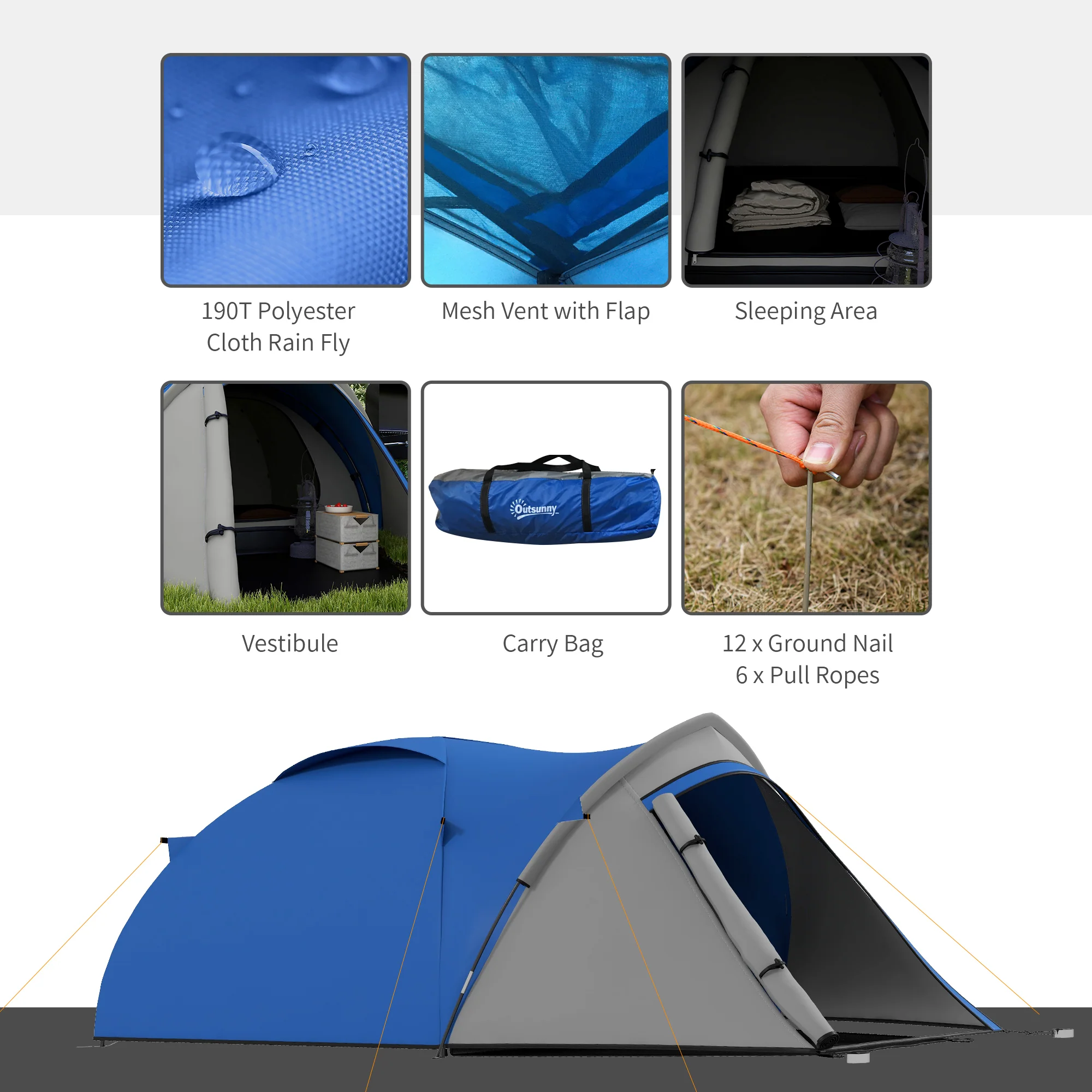 Outsunny Compact Camping Tent w/ Vestibule & Mesh Vents for Hiking Blue - Image 3