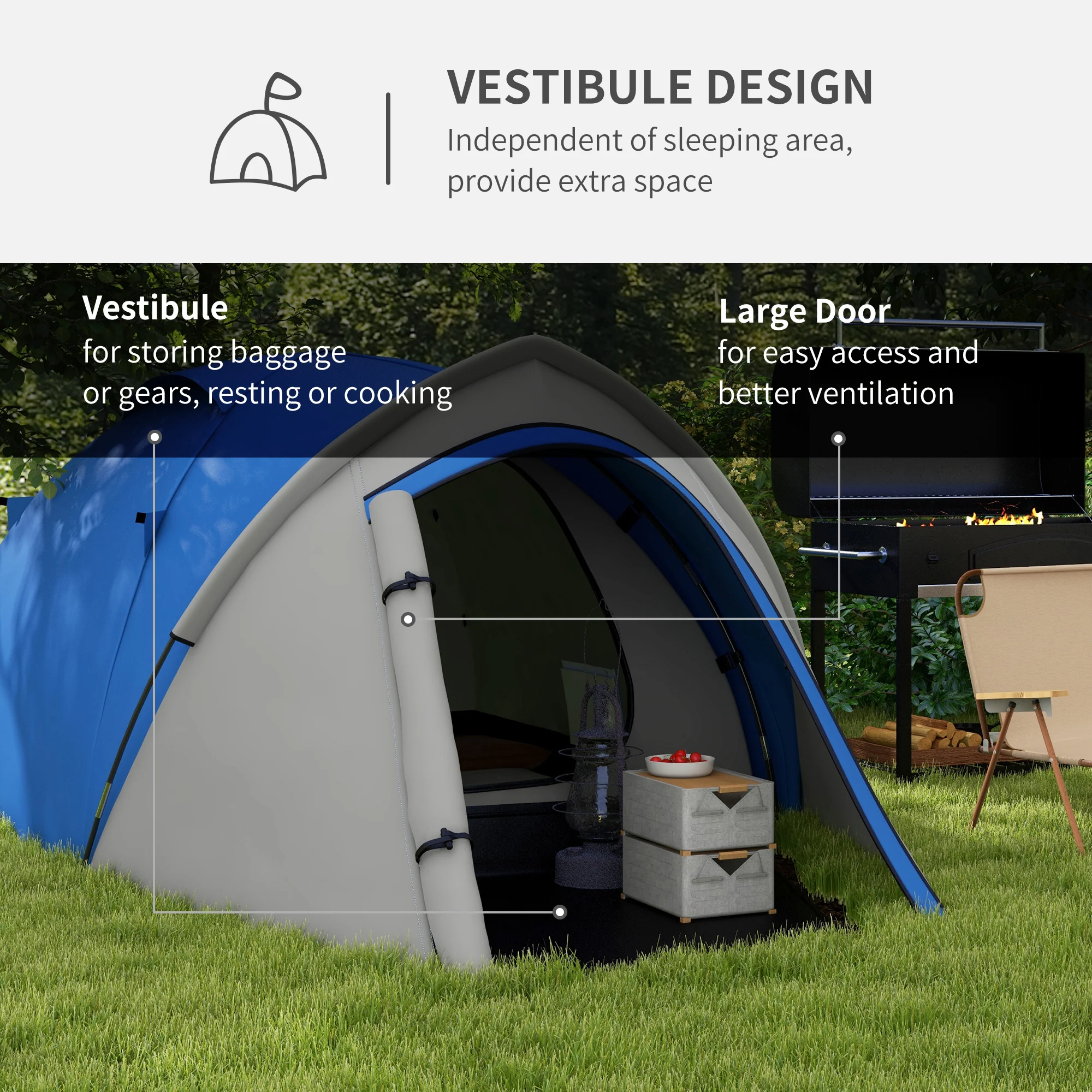 Outsunny Compact Camping Tent w/ Vestibule & Mesh Vents for Hiking Blue - Image 4