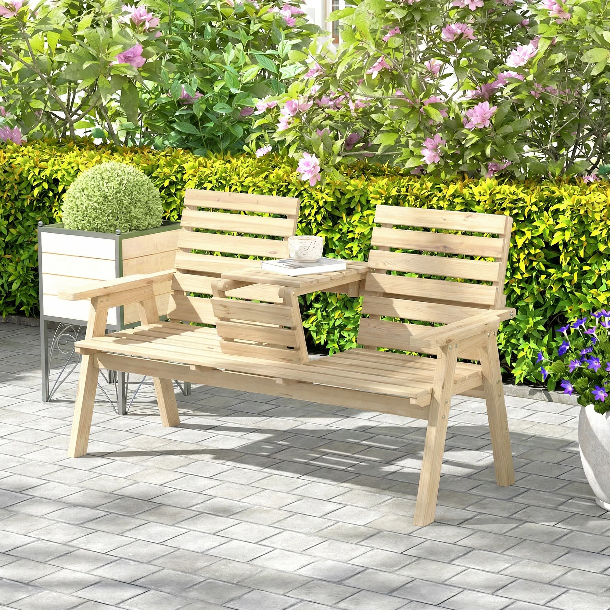 Outsunny Convertable 3-Seater Wood Bench Table Garden w/ Armrests Natural - Image 8