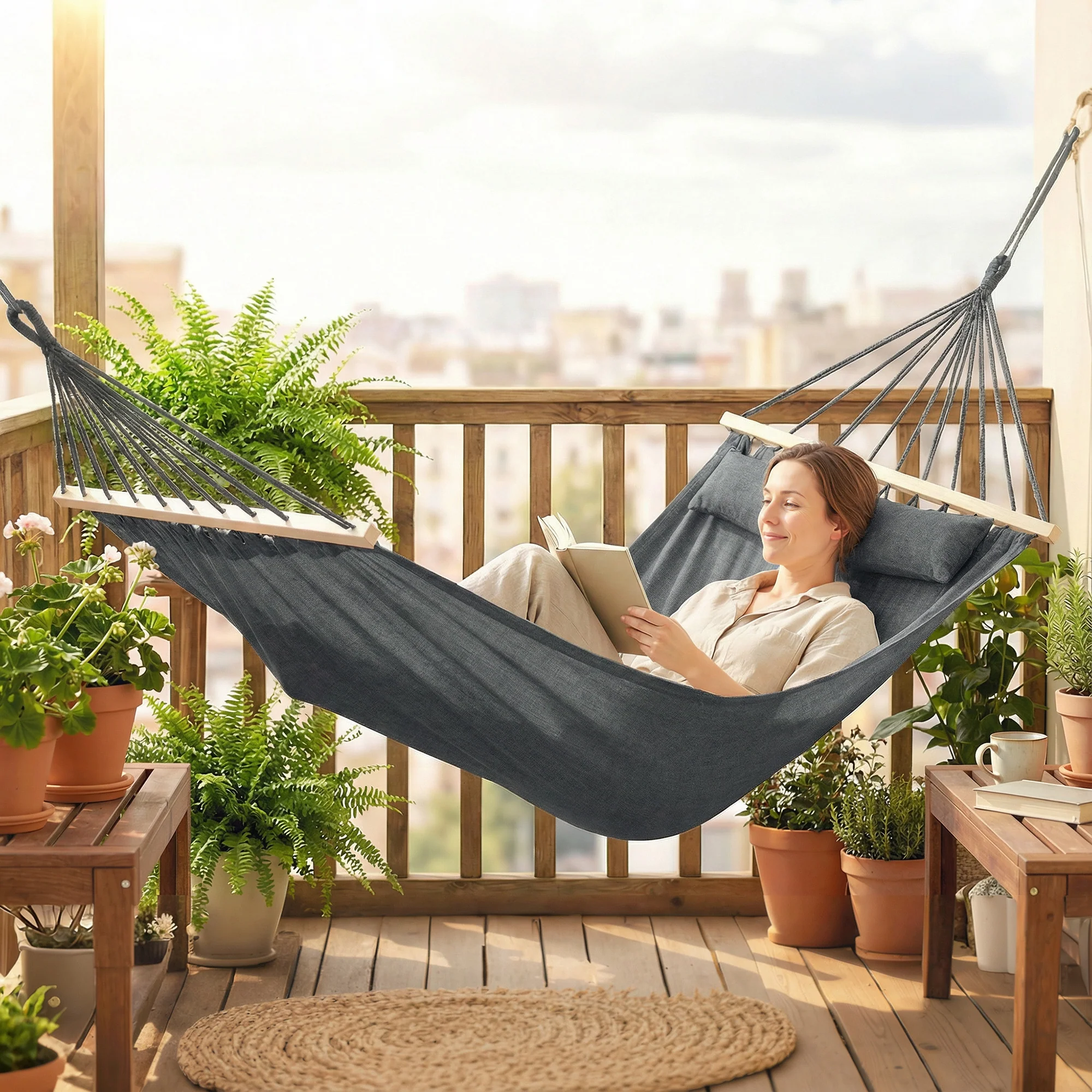 Outsunny Cotton Hammock, Soft Portable Swing Chair w/ Headrest - Image 2