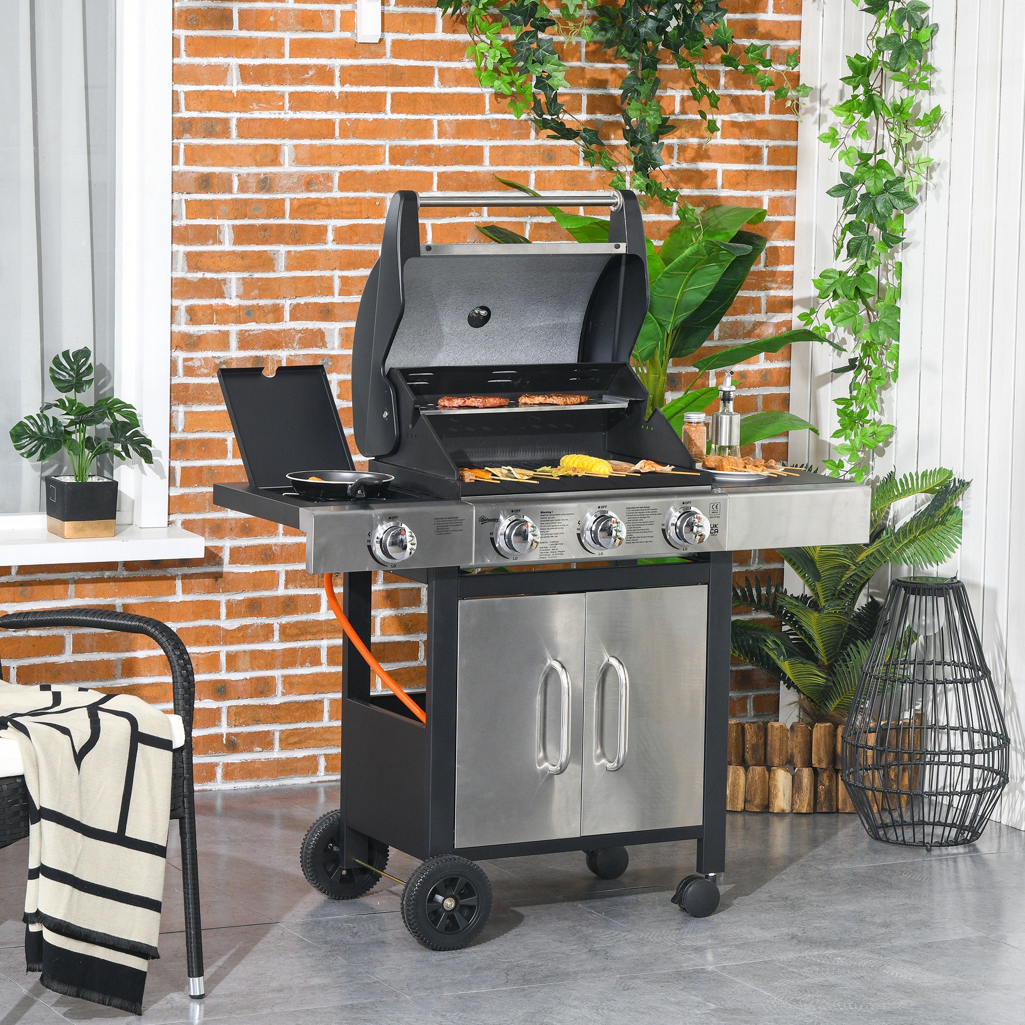 Outsunny Deluxe Gas Barbecue Grill 3+1 Burner Garden BBQ w/ Large Cooking Area - Image 2