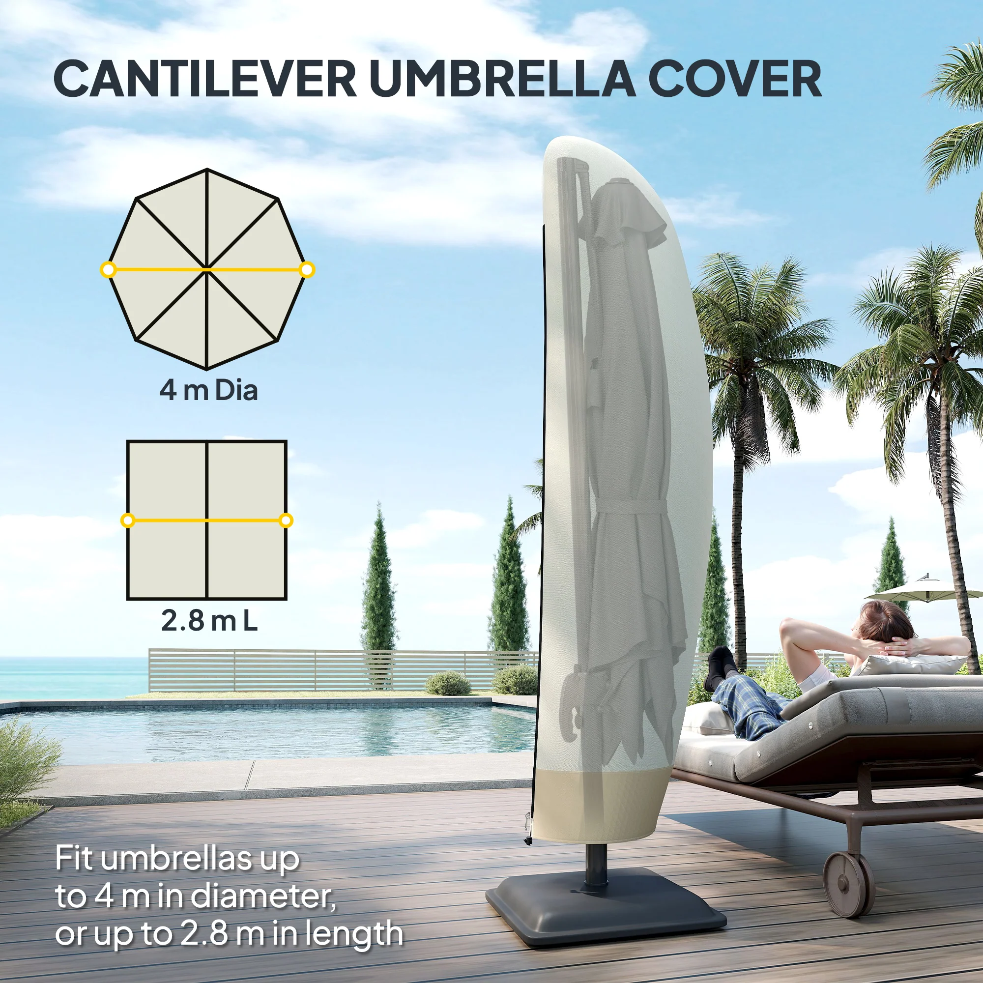 Outsunny Deluxe Large Garden Waterproof Parasol Cover Outdoor Furniture Patio Market Banana Umbrella Cantilever Protector Rain Dust Protective W/Zip (56 X 220H (cm)) - Image 3