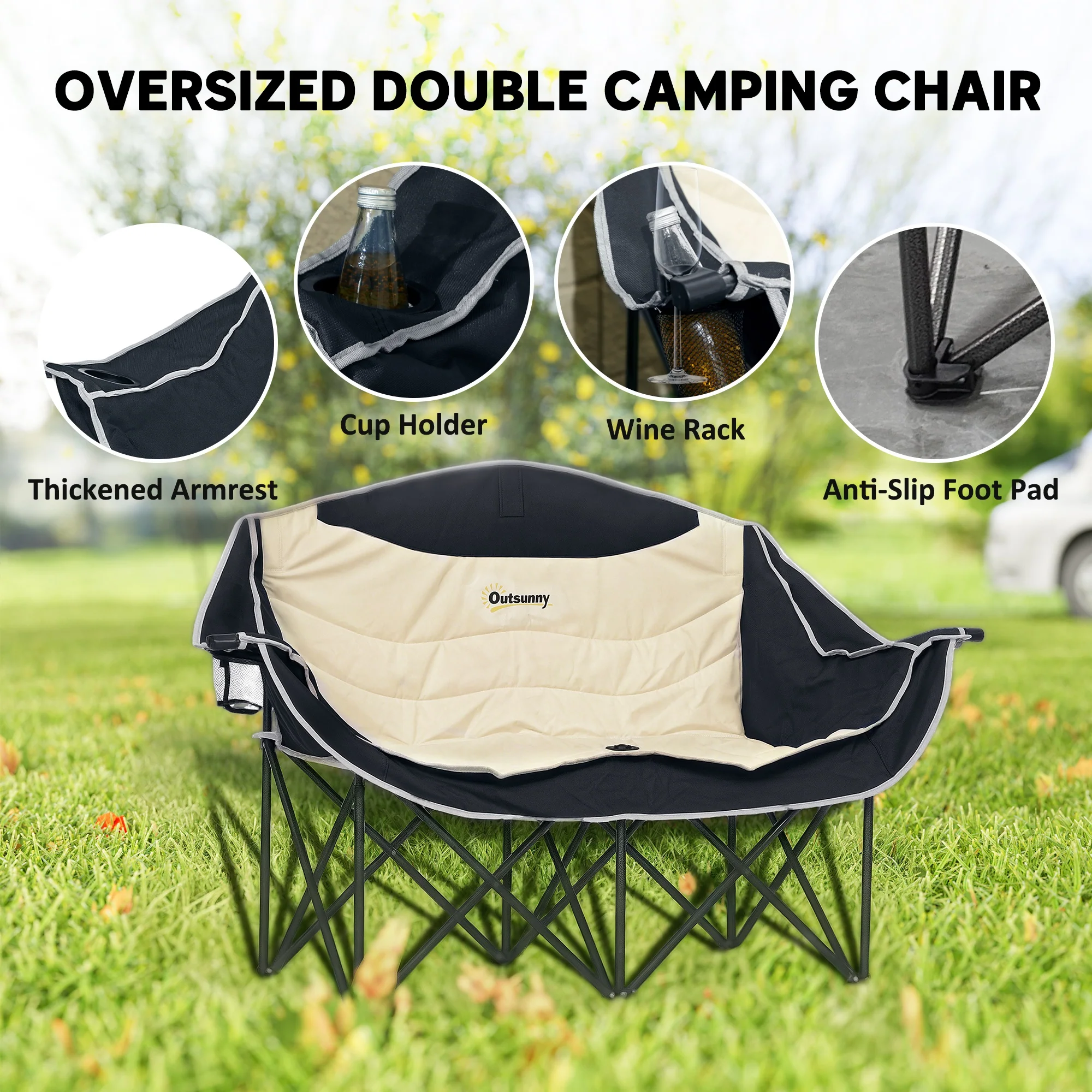Outsunny Double Camping Chair For Adults With Armrests, Cup Holders - Green/Khaki - Image 12