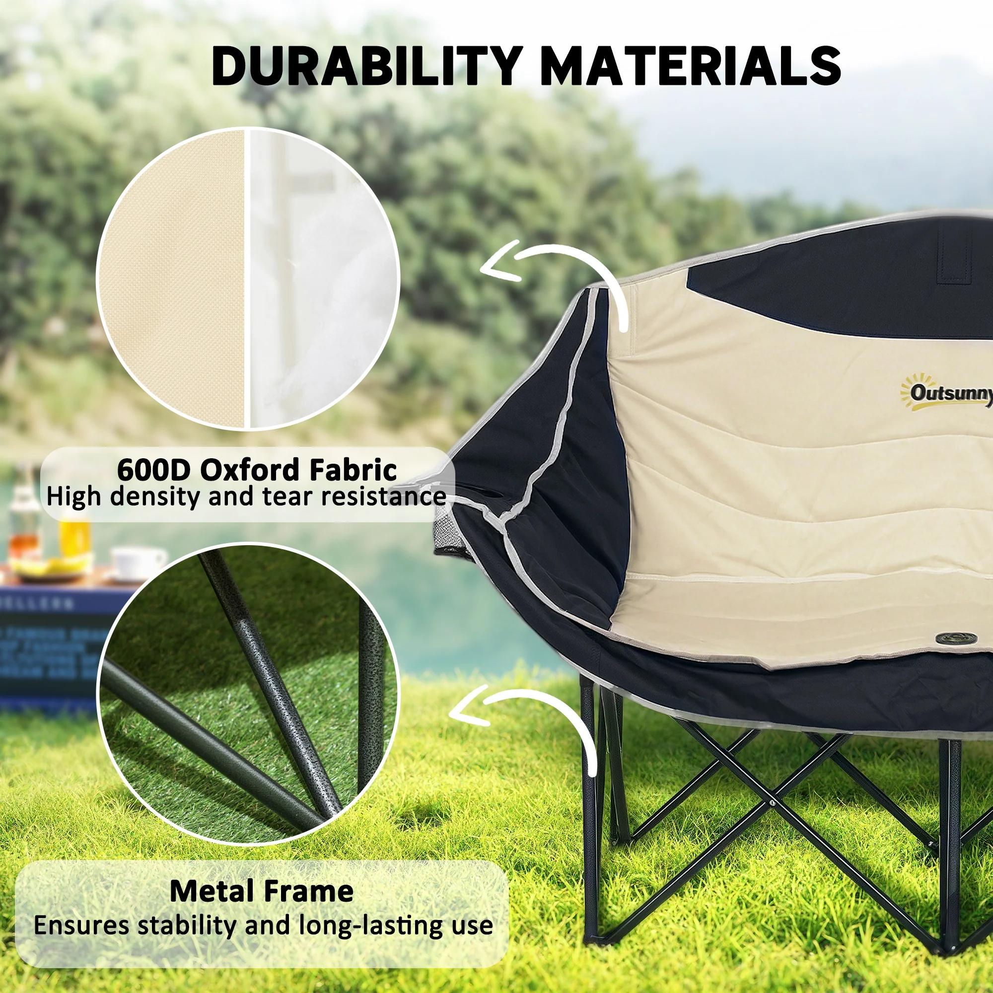 Outsunny Double Camping Chair For Adults With Armrests, Cup Holders - Green/Khaki - Image 13