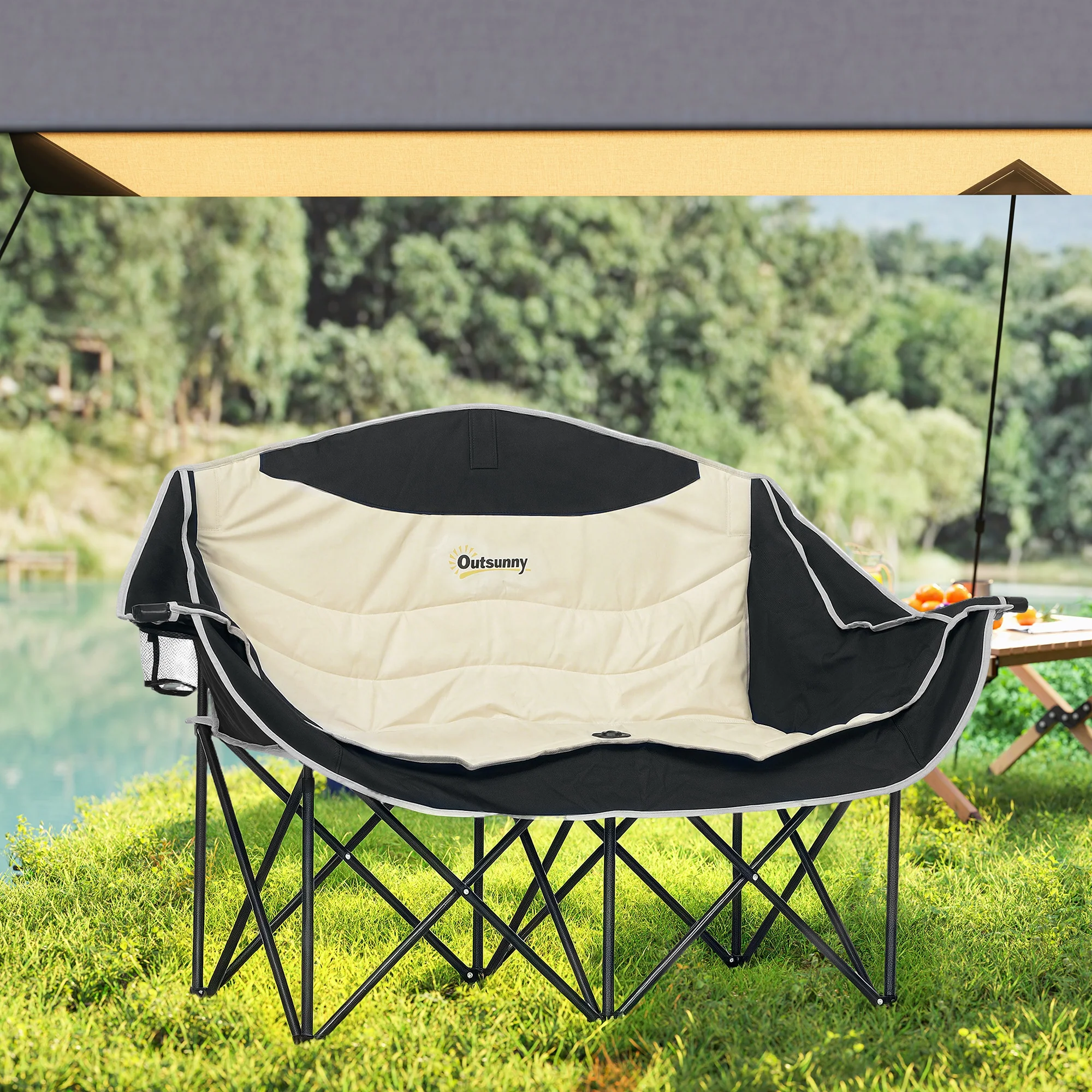 Outsunny Double Camping Chair For Adults With Armrests, Cup Holders - Green/Khaki - Image 16