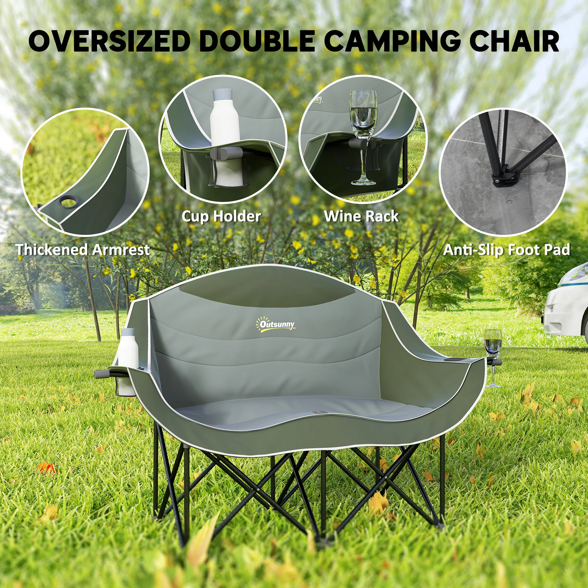 Outsunny Double Camping Chair For Adults With Armrests, Cup Holders - Green/Khaki - Image 3