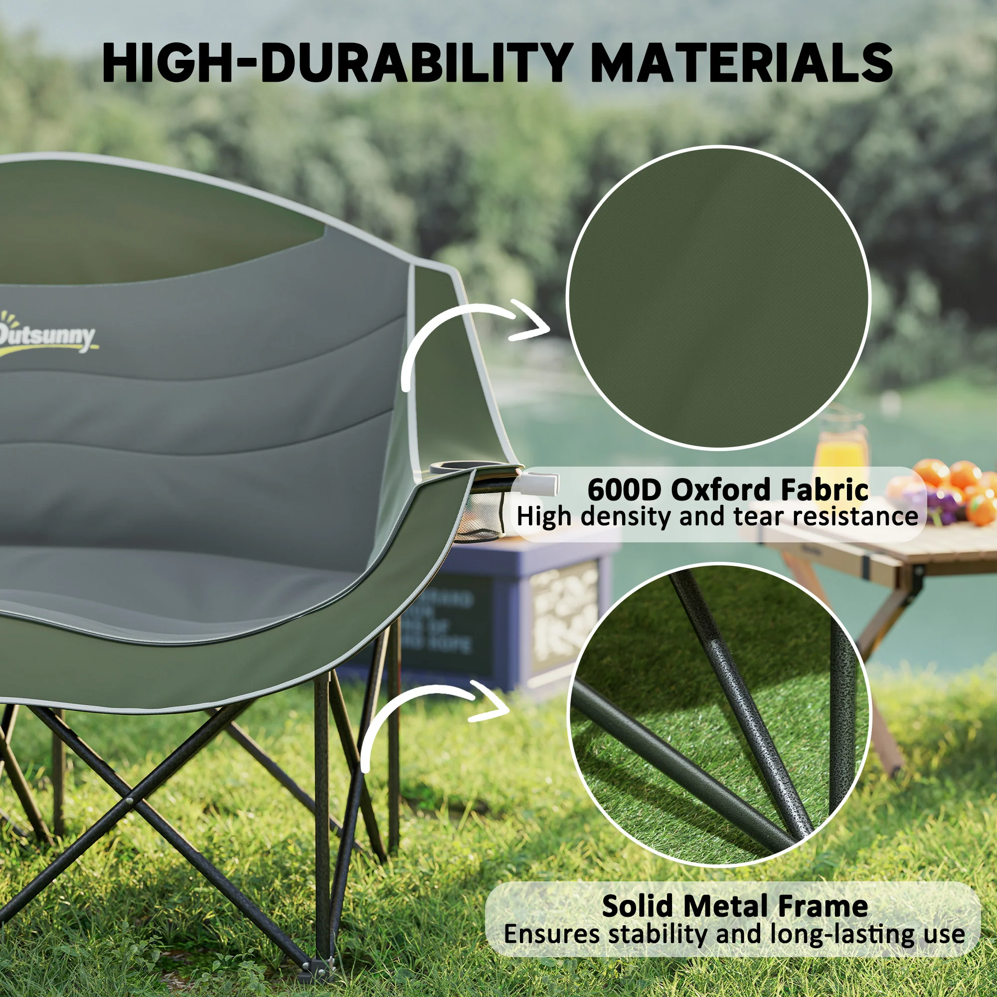 Outsunny Double Camping Chair For Adults With Armrests, Cup Holders - Green/Khaki - Image 4