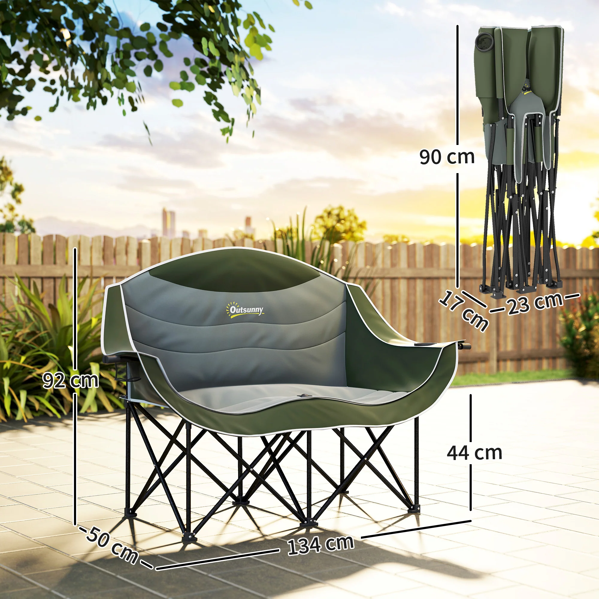 Outsunny Double Camping Chair For Adults With Armrests, Cup Holders - Green/Khaki - Image 5